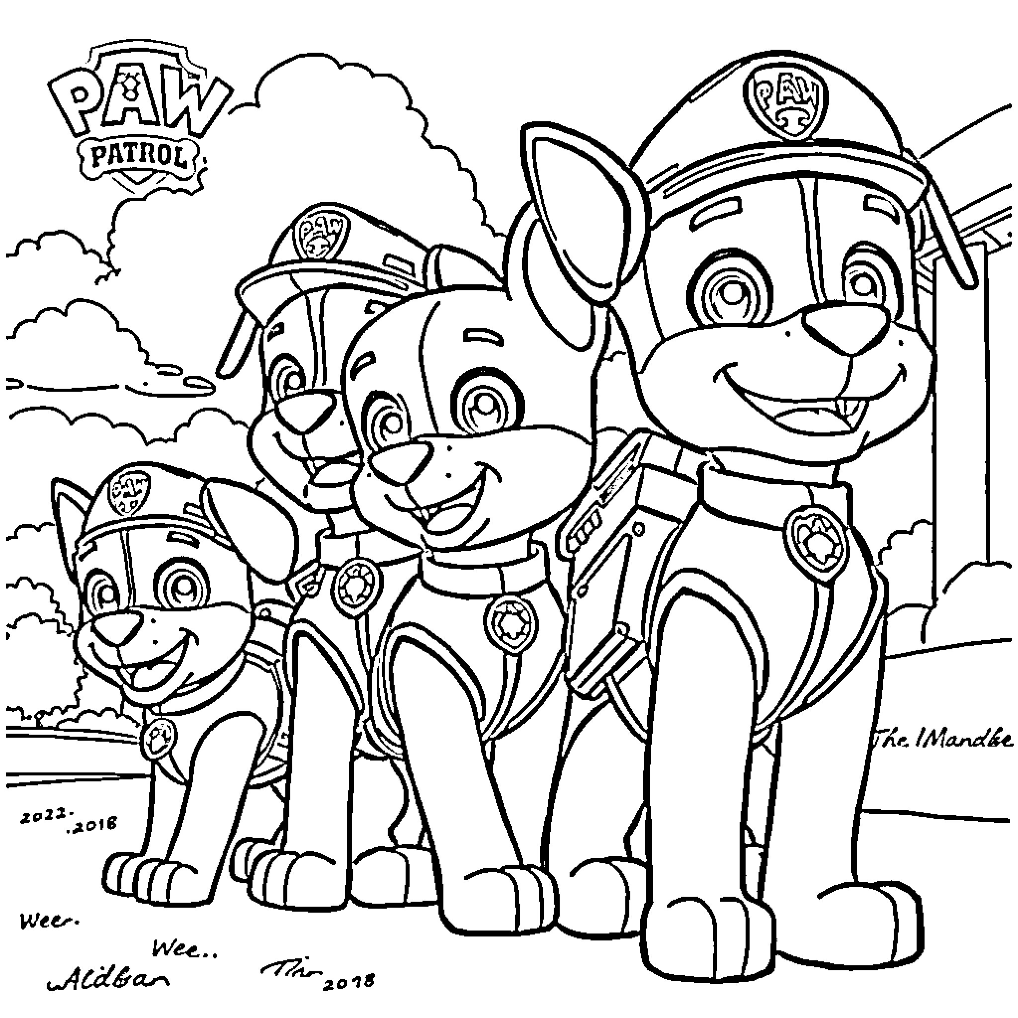 Paw Patrol puppies on an adventure Coloring Page (free black-and-white line drawing printable PDF for all, from beginners to advanced learners, including children, teens, adults, and seniors)