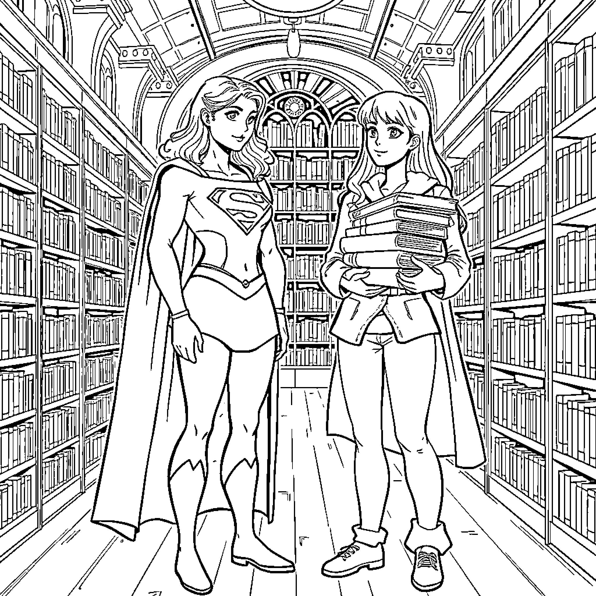 Supergirl and her Sidekick Explore the Library Coloring Page (free black-and-white line drawing printable PDF for all, from beginners to advanced learners, including children, teens, adults, and seniors)
