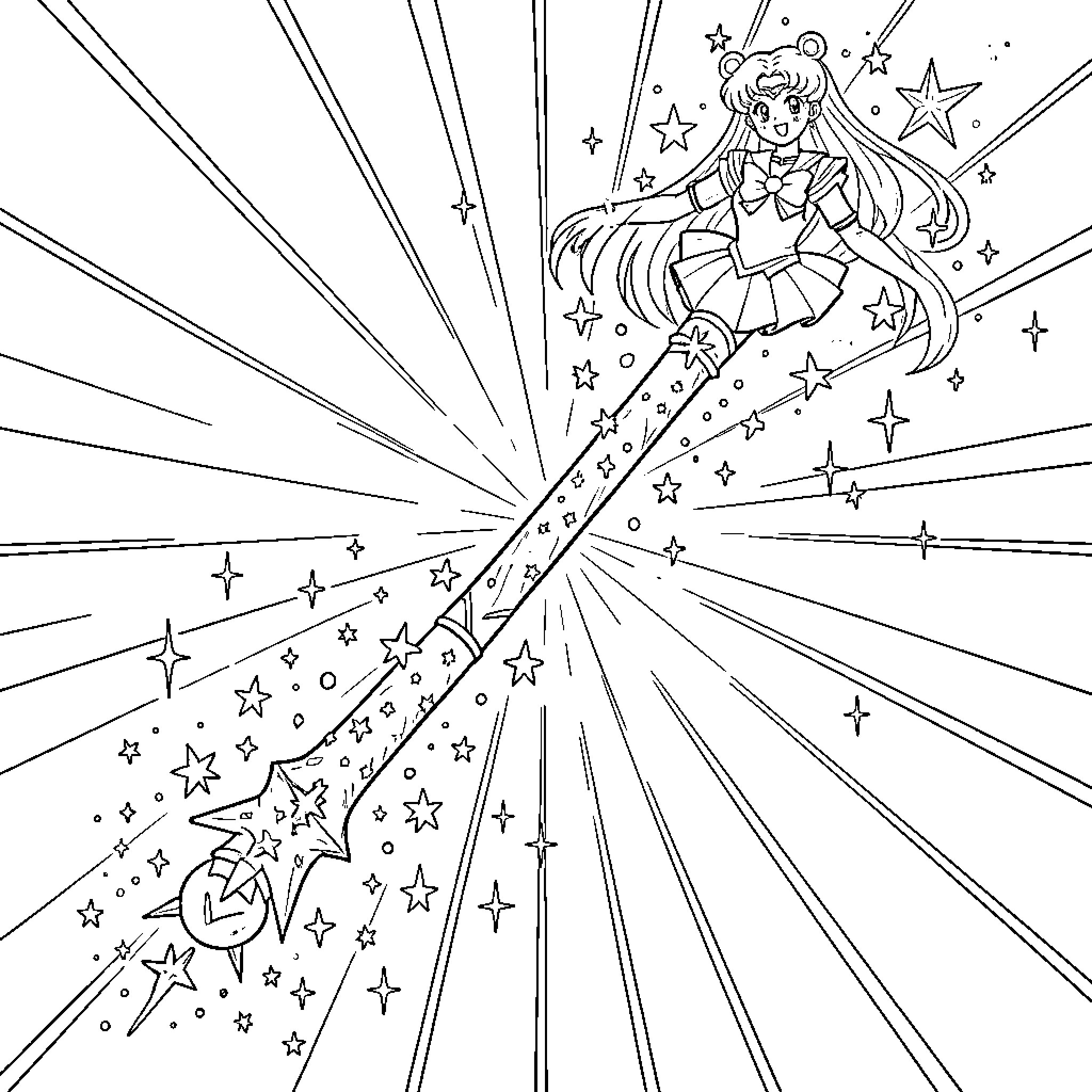 Magic Wand Anime Girl Casting Spell with Sparkles Coloring Page (free black-and-white line drawing printable PDF for all, from beginners to advanced learners, including children, teens, adults, and seniors)