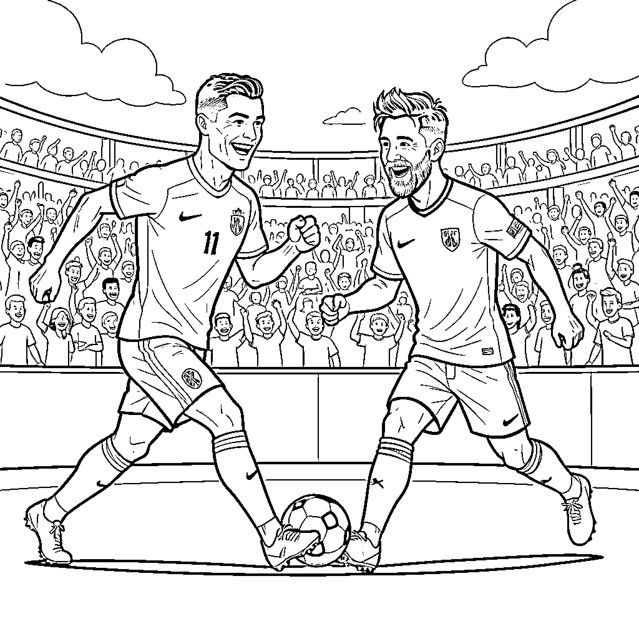 Cristiano and Messi playing football on the field Coloring Page (free black-and-white line drawing printable PDF for all, from beginners to advanced learners, including children, teens, adults, and seniors)