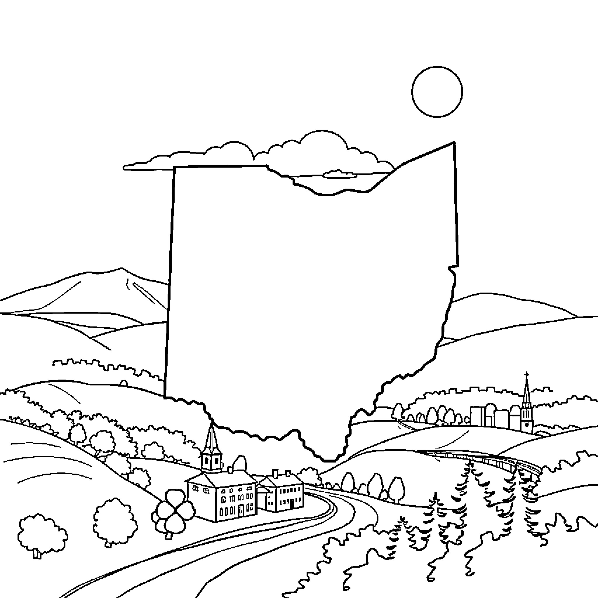 Ohio Countryside Landscape with Winding Road Coloring Page (free black-and-white line drawing printable PDF for all, from beginners to advanced learners, including children, teens, adults, and seniors)
