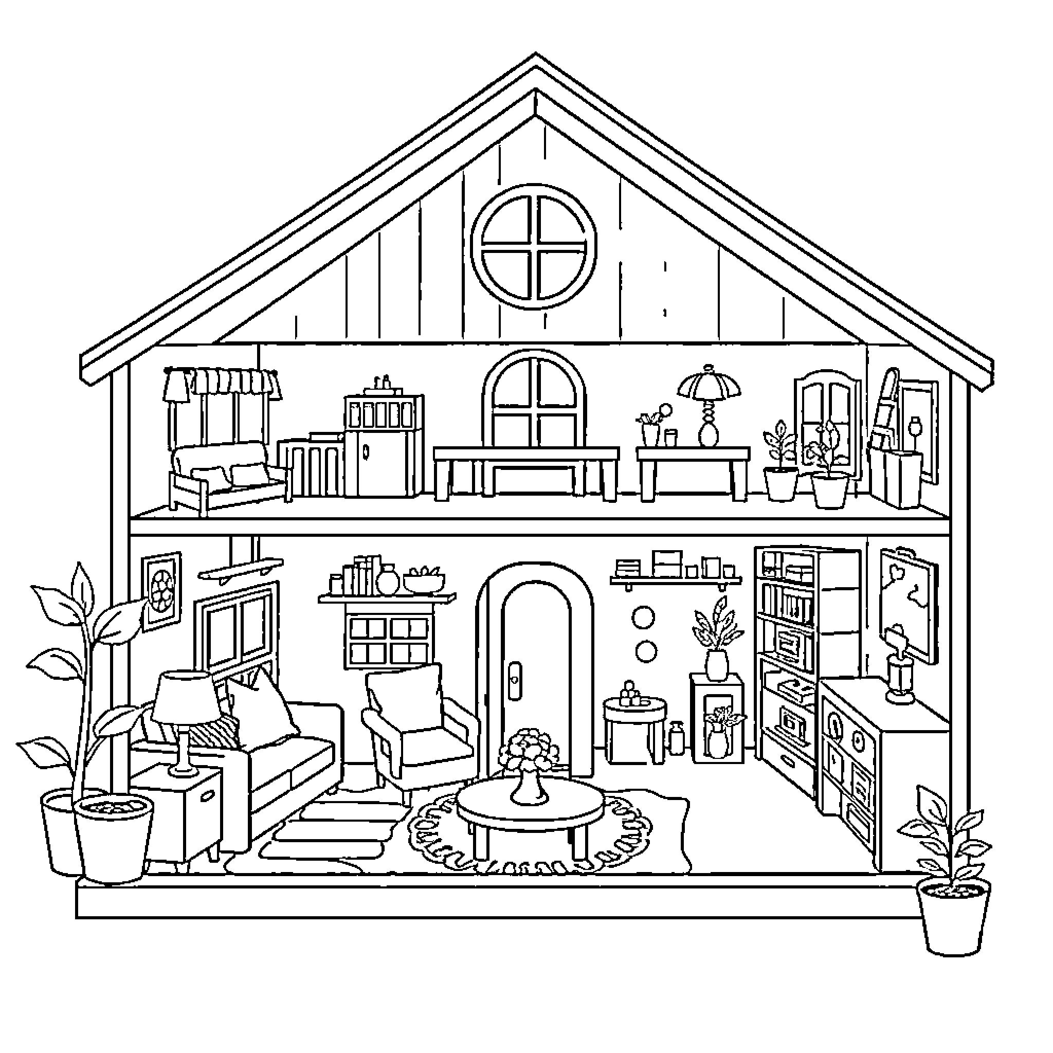 Doll House with Cozy Interior Furnishings Coloring Page (free black-and-white line drawing printable PDF for all, from beginners to advanced learners, including children, teens, adults, and seniors)
