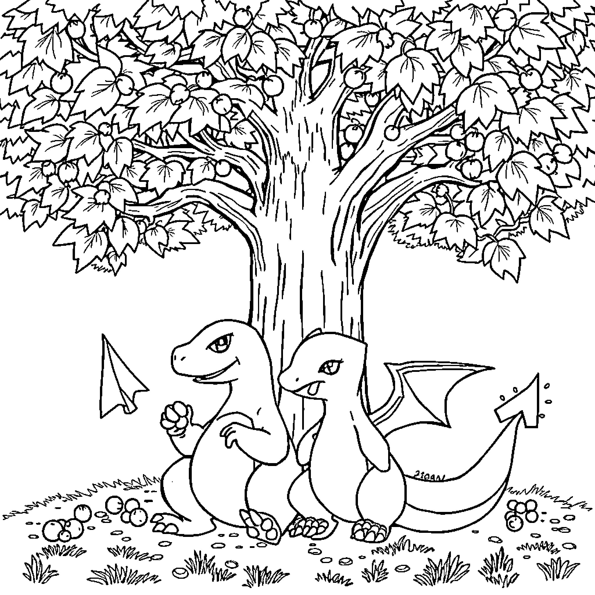 Charizard adventure in the enchanted forest Coloring Page (free black-and-white line drawing printable PDF for all, from beginners to advanced learners, including children, teens, adults, and seniors)