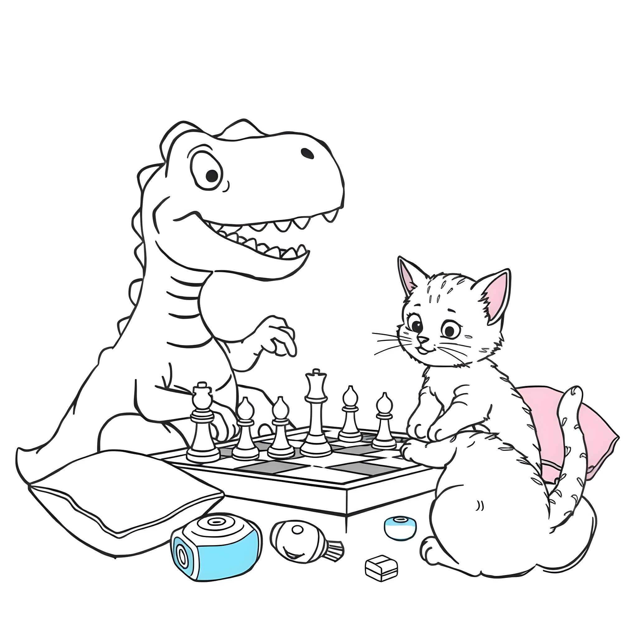 Dinosaur playing chess with a cat Coloring Page (free black-and-white line drawing printable PDF for all, from beginners to advanced learners, including children, teens, adults, and seniors)