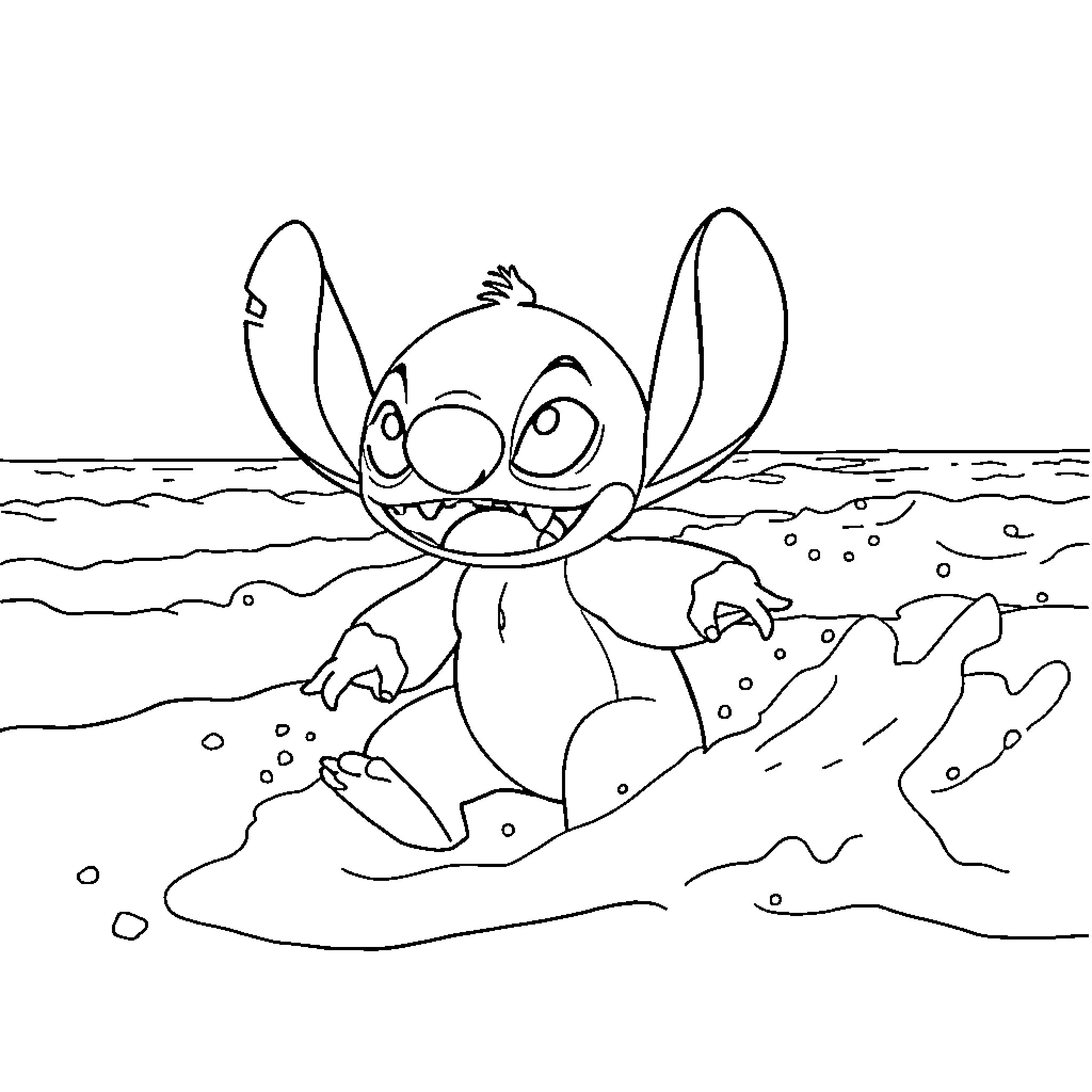 Stitch playing joyfully in the ocean Coloring Page (free black-and-white line drawing printable PDF for all, from beginners to advanced learners, including children, teens, adults, and seniors)