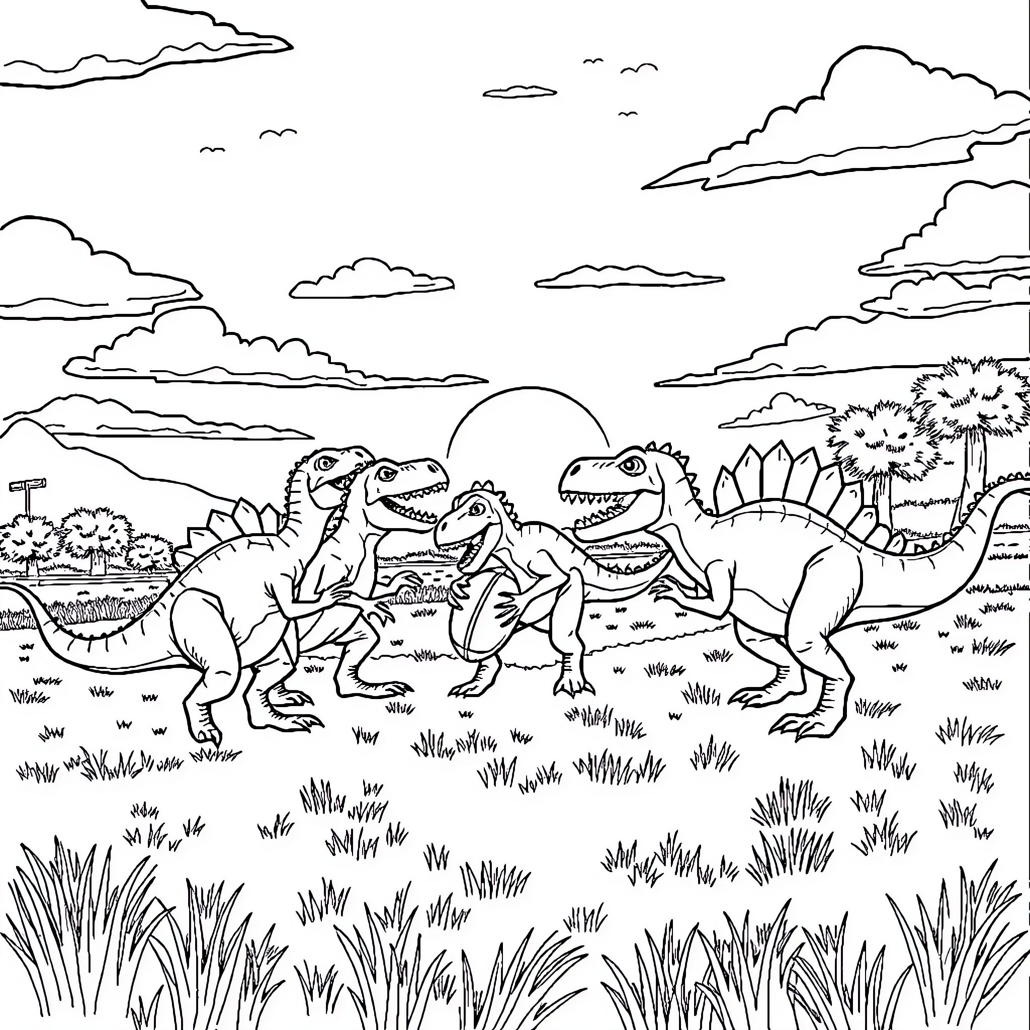 Dinosaur friends exploring the prehistoric landscape Coloring Page (free black-and-white line drawing printable PDF for all, from beginners to advanced learners, including children, teens, adults, and seniors)