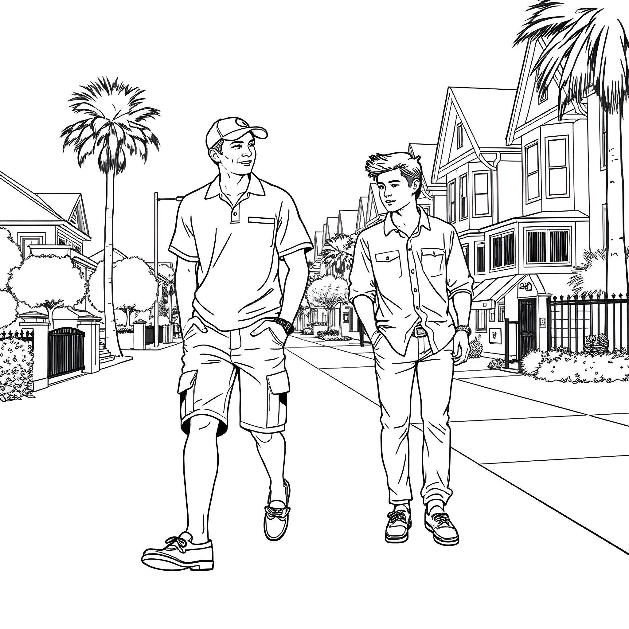 Teen boys exploring the neighborhood together Coloring Page (free black-and-white line drawing printable PDF for all, from beginners to advanced learners, including children, teens, adults, and seniors)