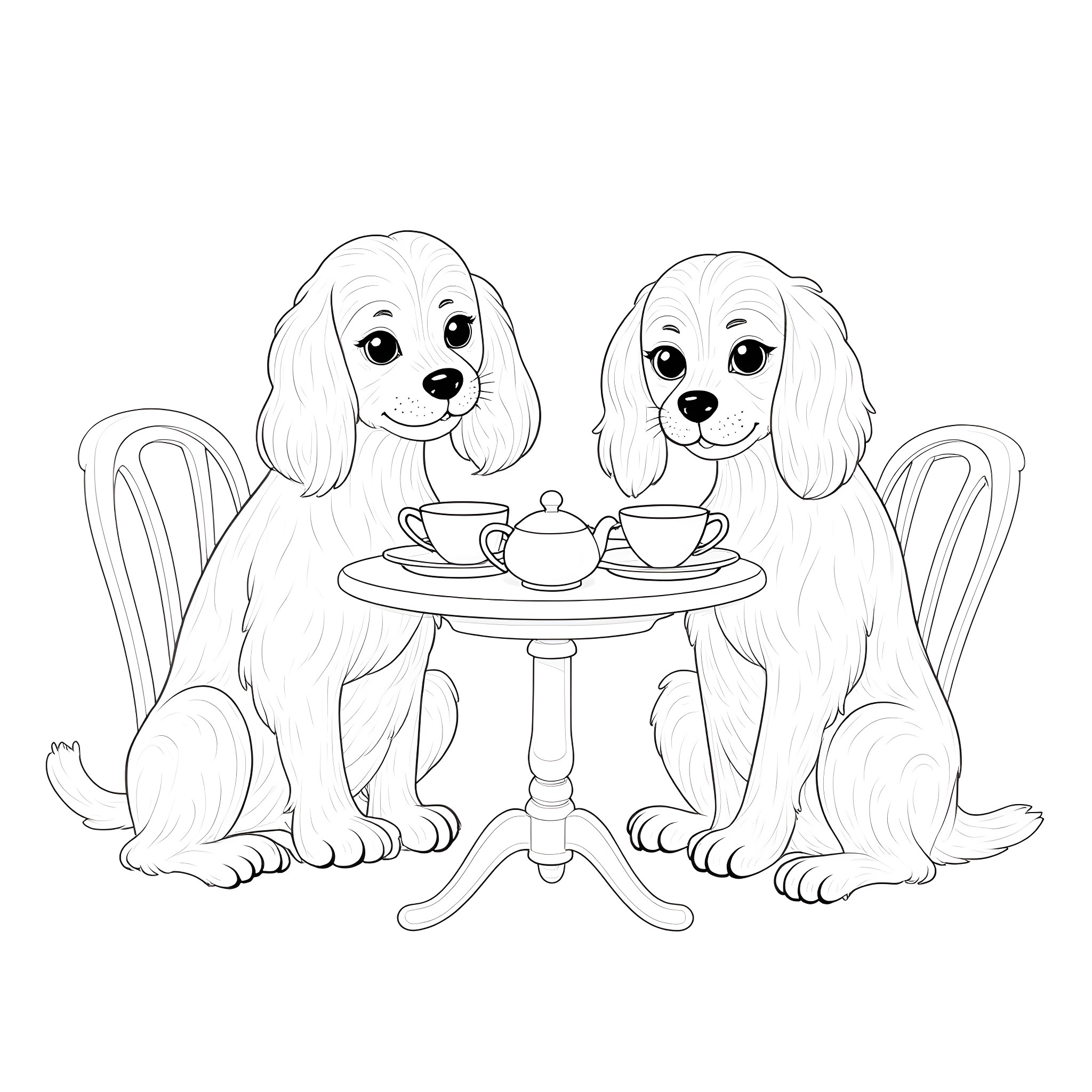 Cavalier Spaniels enjoying tea time together Coloring Page (free black-and-white line drawing printable PDF for all, from beginners to advanced learners, including children, teens, adults, and seniors)