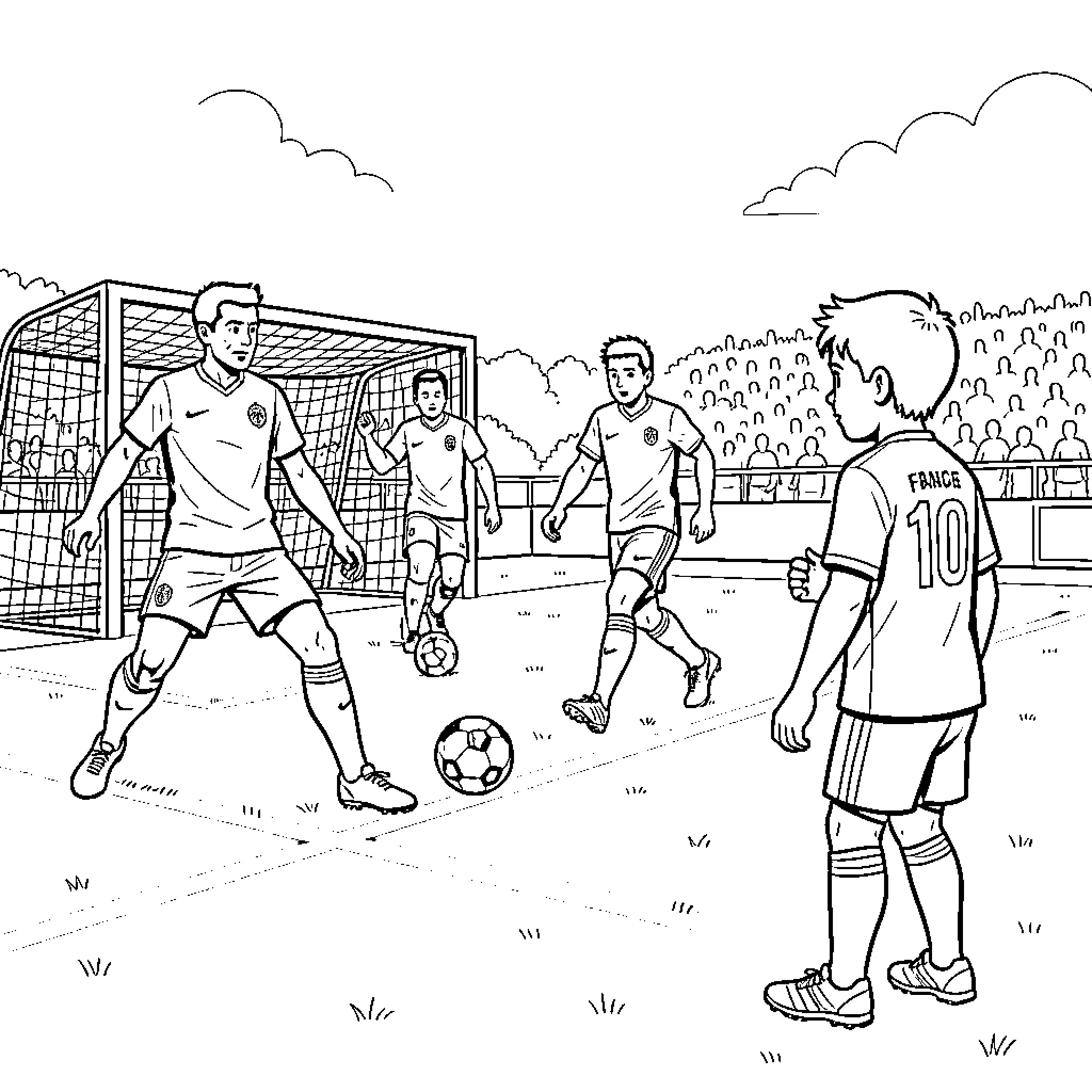 Soccer players competing intensely during a match Coloring Page (free black-and-white line drawing printable PDF for all, from beginners to advanced learners, including children, teens, adults, and seniors)