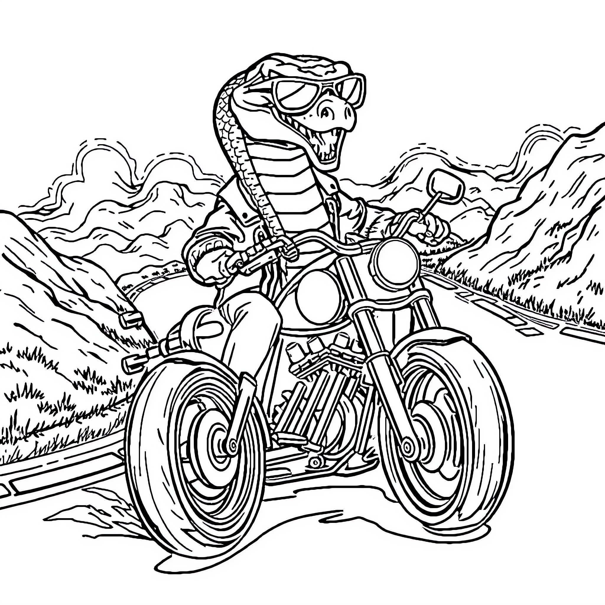Snake riding motorcycle in desert landscape Coloring Page (free black-and-white line drawing printable PDF for all, from beginners to advanced learners, including children, teens, adults, and seniors)