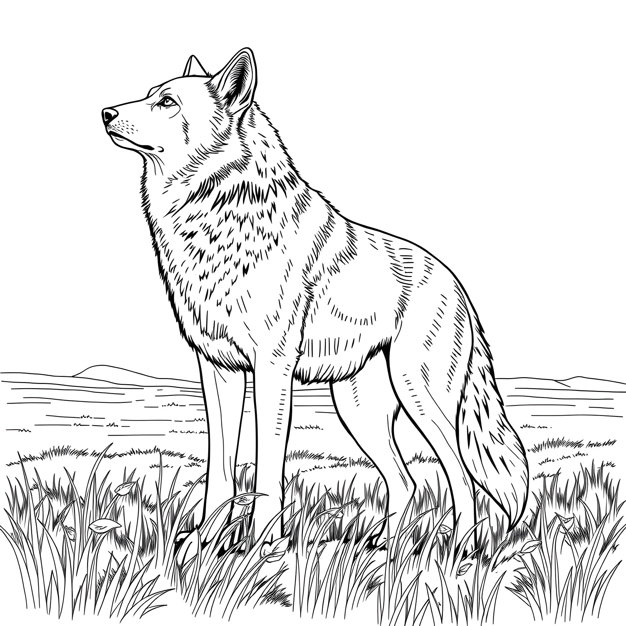 Wolf standing majestically in the wilderness Coloring Page (free black-and-white line drawing printable PDF for all, from beginners to advanced learners, including children, teens, adults, and seniors)