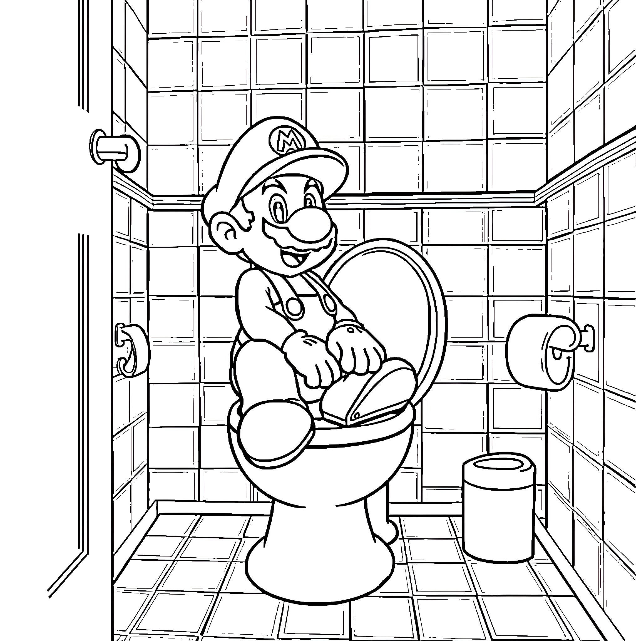 Mario Relaxing in the Bathroom Coloring Page (free black-and-white line drawing printable PDF for all, from beginners to advanced learners, including children, teens, adults, and seniors)