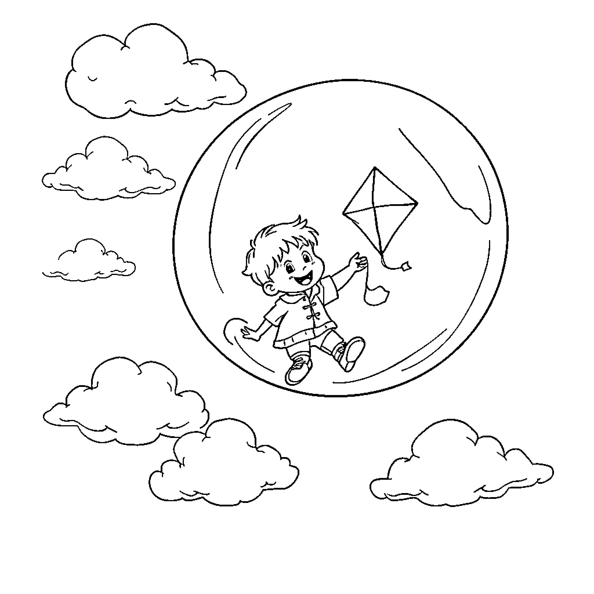 Dream Bubble - Boy playing with kite in the sky Coloring Page (free black-and-white line drawing printable PDF for all, from beginners to advanced learners, including children, teens, adults, and seniors)