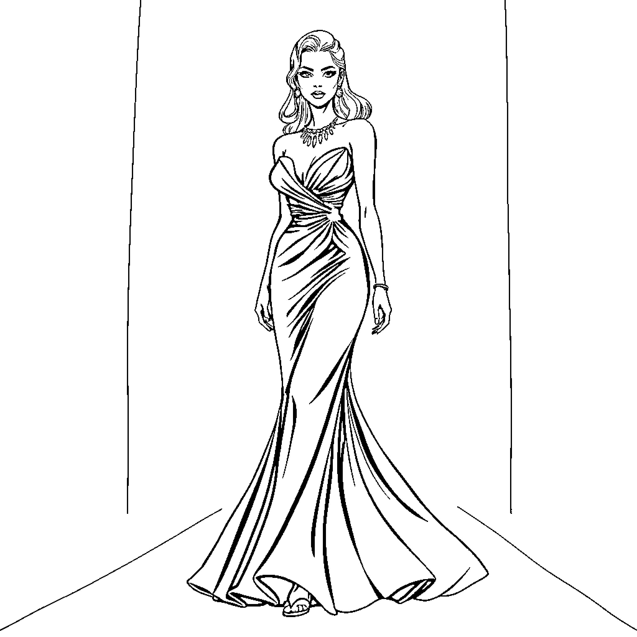 Model in Elegant Gown on Runway Coloring Page (free black-and-white line drawing printable PDF for all, from beginners to advanced learners, including children, teens, adults, and seniors)