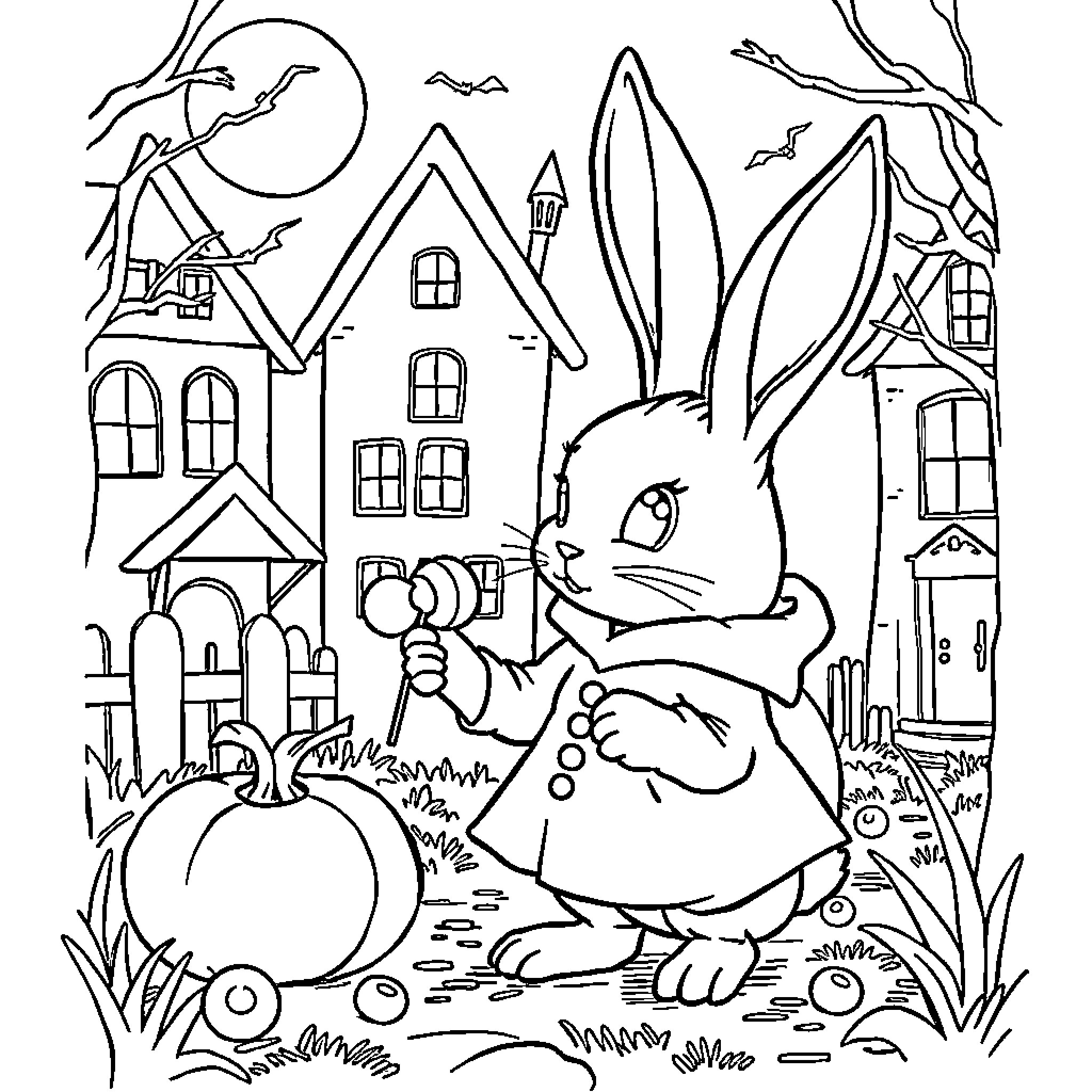 Rabbit exploring a whimsical village scene Coloring Page (free black-and-white line drawing printable PDF for all, from beginners to advanced learners, including children, teens, adults, and seniors)