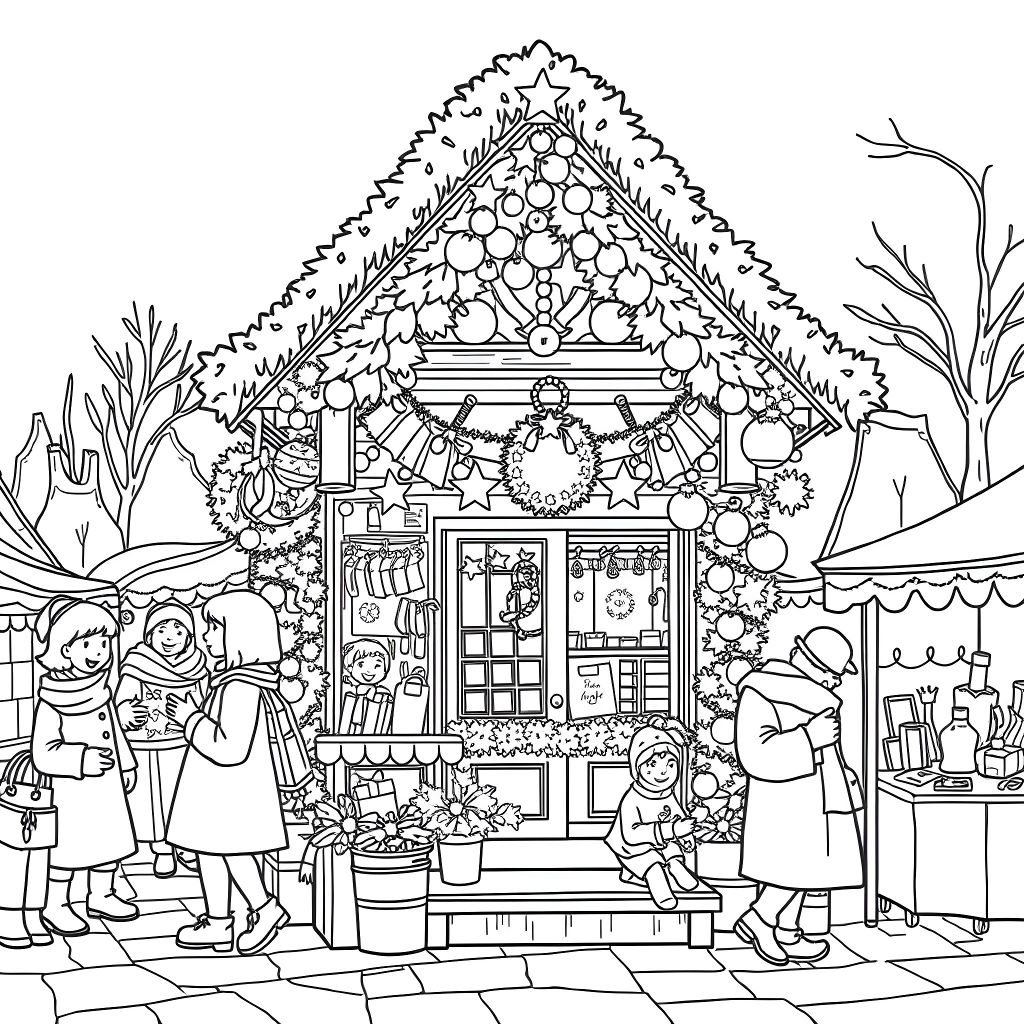 Christmas Market with Festive Decorations and Shoppers Coloring Page (free black-and-white line drawing printable PDF for all, from beginners to advanced learners, including children, teens, adults, and seniors)