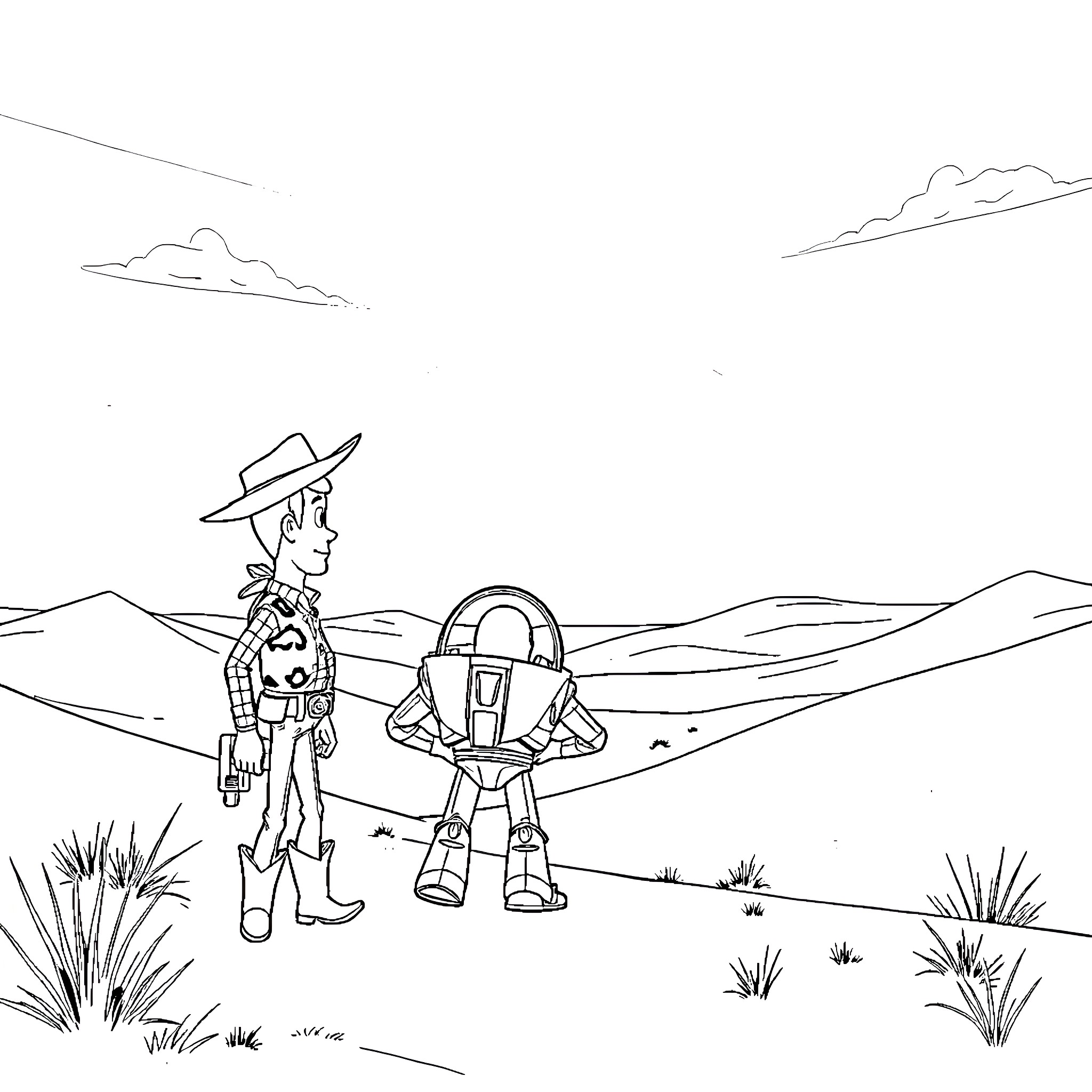 Woody and Buzz explore the desert landscape Coloring Page (free black-and-white line drawing printable PDF for all, from beginners to advanced learners, including children, teens, adults, and seniors)