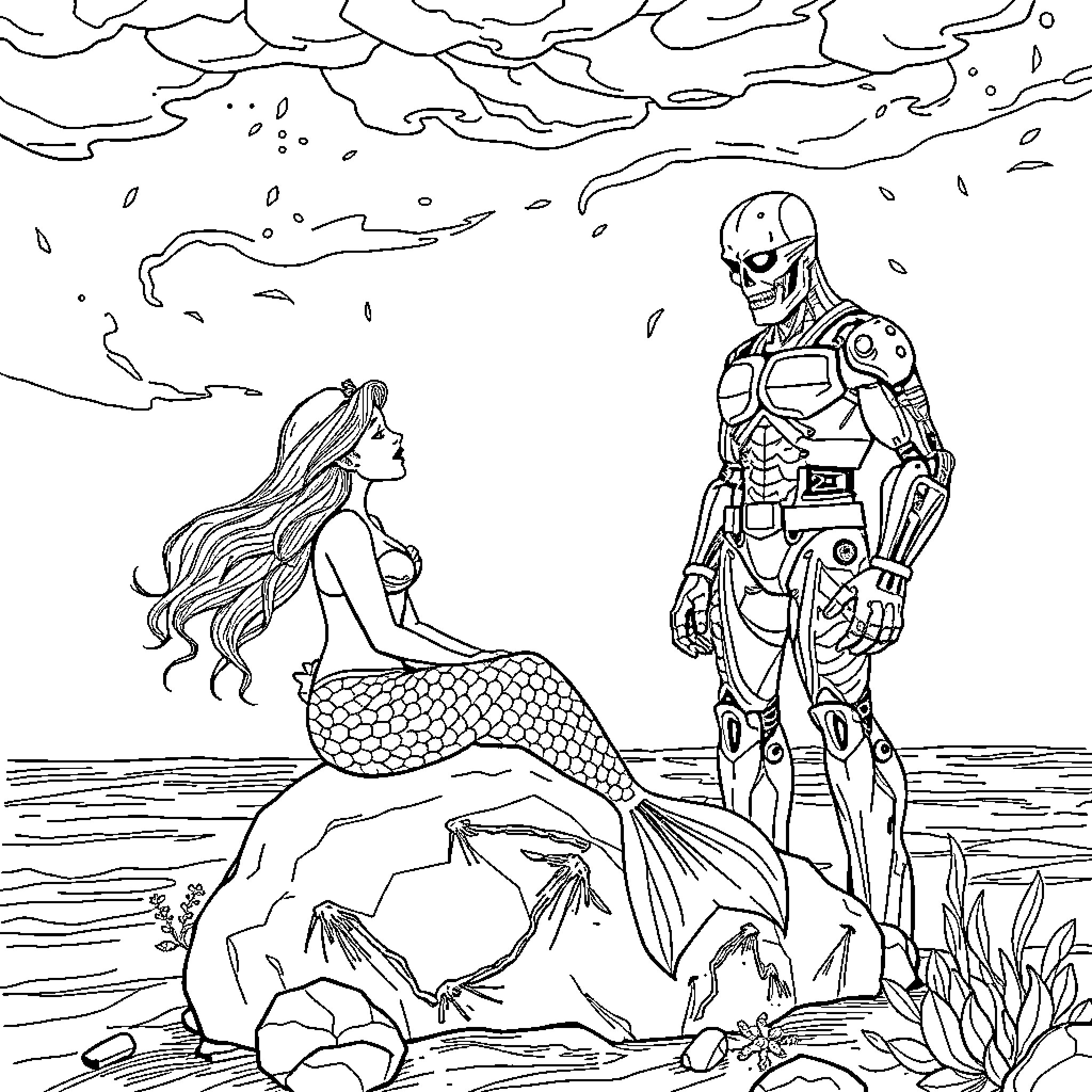 Mermaid and robotic diver explore underwater scene Coloring Page (free black-and-white line drawing printable PDF for all, from beginners to advanced learners, including children, teens, adults, and seniors)