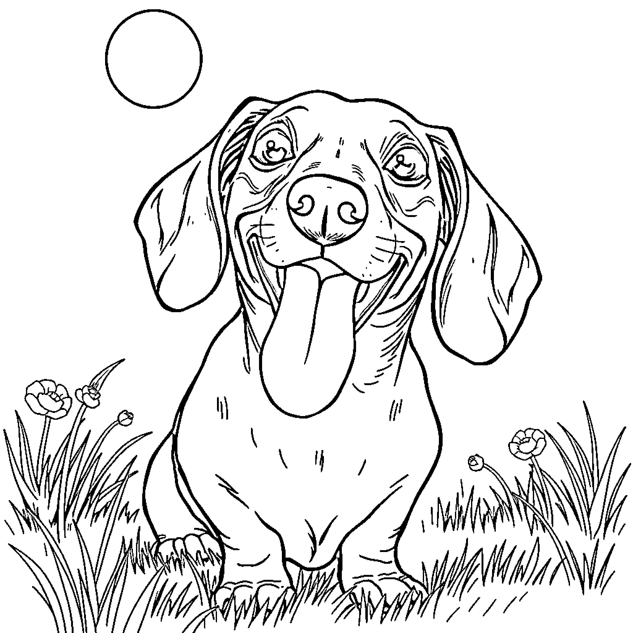 Dachshund playing happily in the park Coloring Page (free black-and-white line drawing printable PDF for all, from beginners to advanced learners, including children, teens, adults, and seniors)