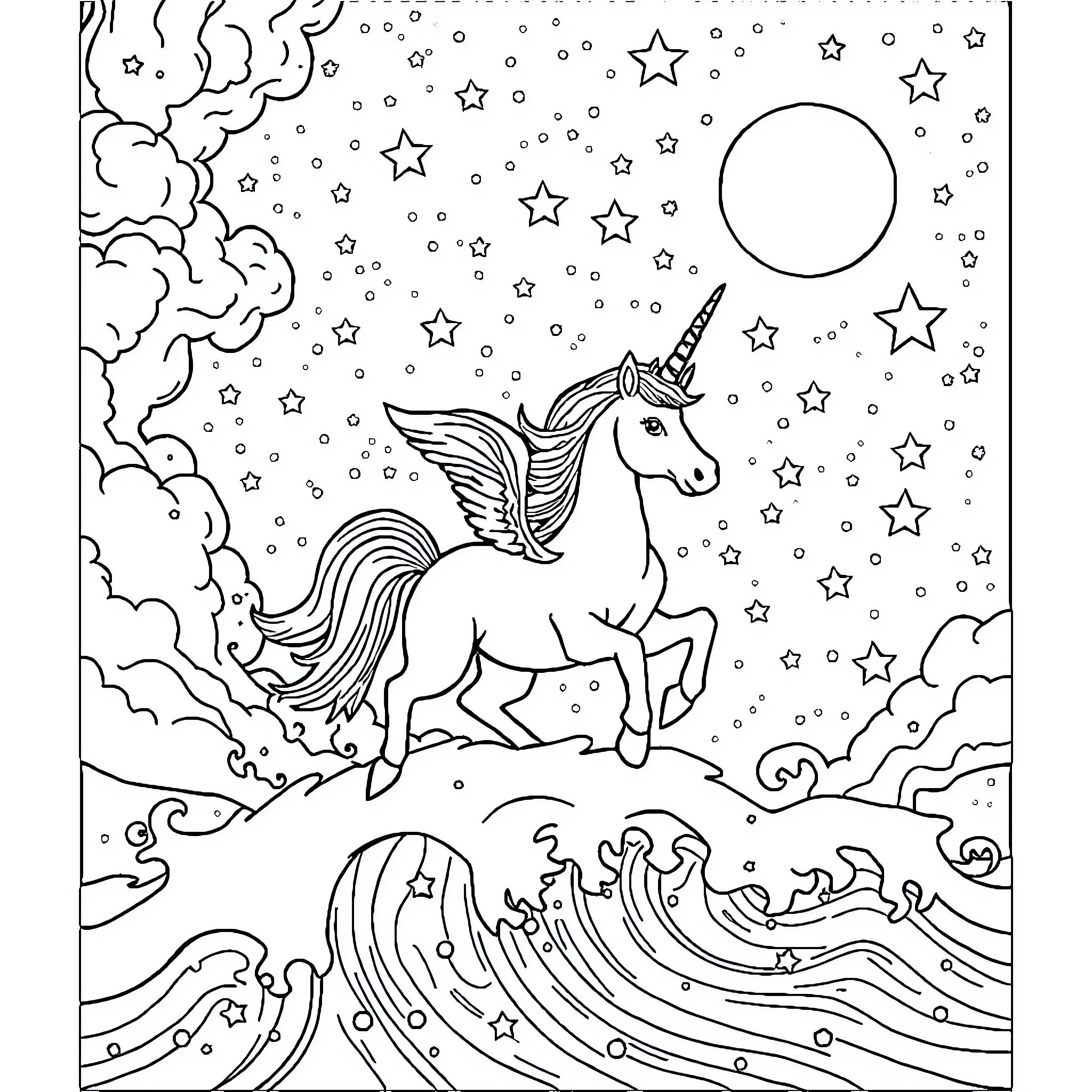 Unicorn Soaring Through the Starry Night Sky Coloring Page (free black-and-white line drawing printable PDF for all, from beginners to advanced learners, including children, teens, adults, and seniors)