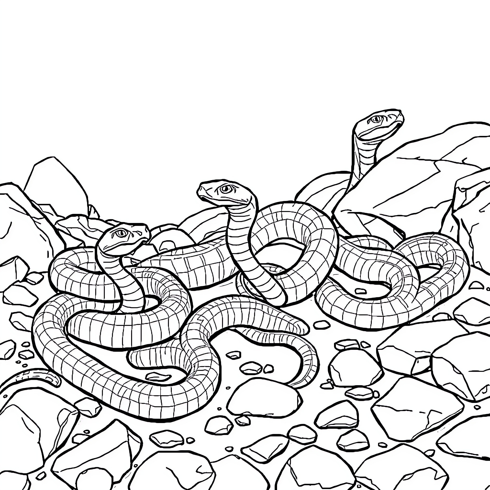 Snake Slithering Among Rocks and Stones Coloring Page (free black-and-white line drawing printable PDF for all, from beginners to advanced learners, including children, teens, adults, and seniors)