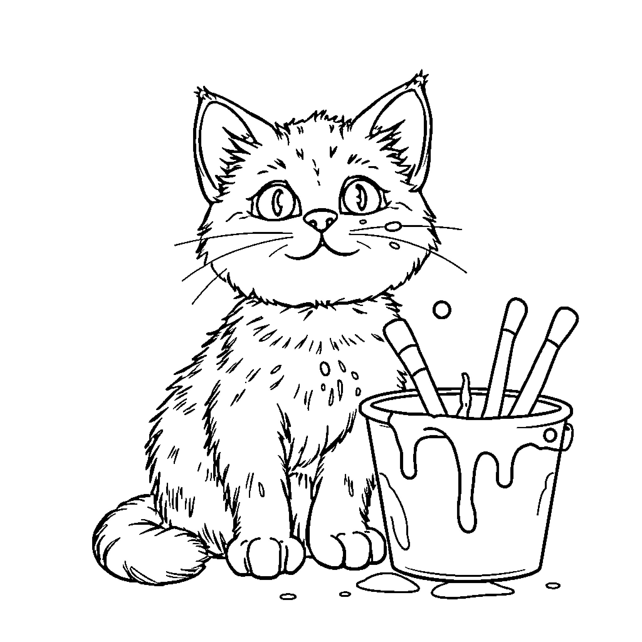 Cat with art supplies in a cup Coloring Page (free black-and-white line drawing printable PDF for all, from beginners to advanced learners, including children, teens, adults, and seniors)