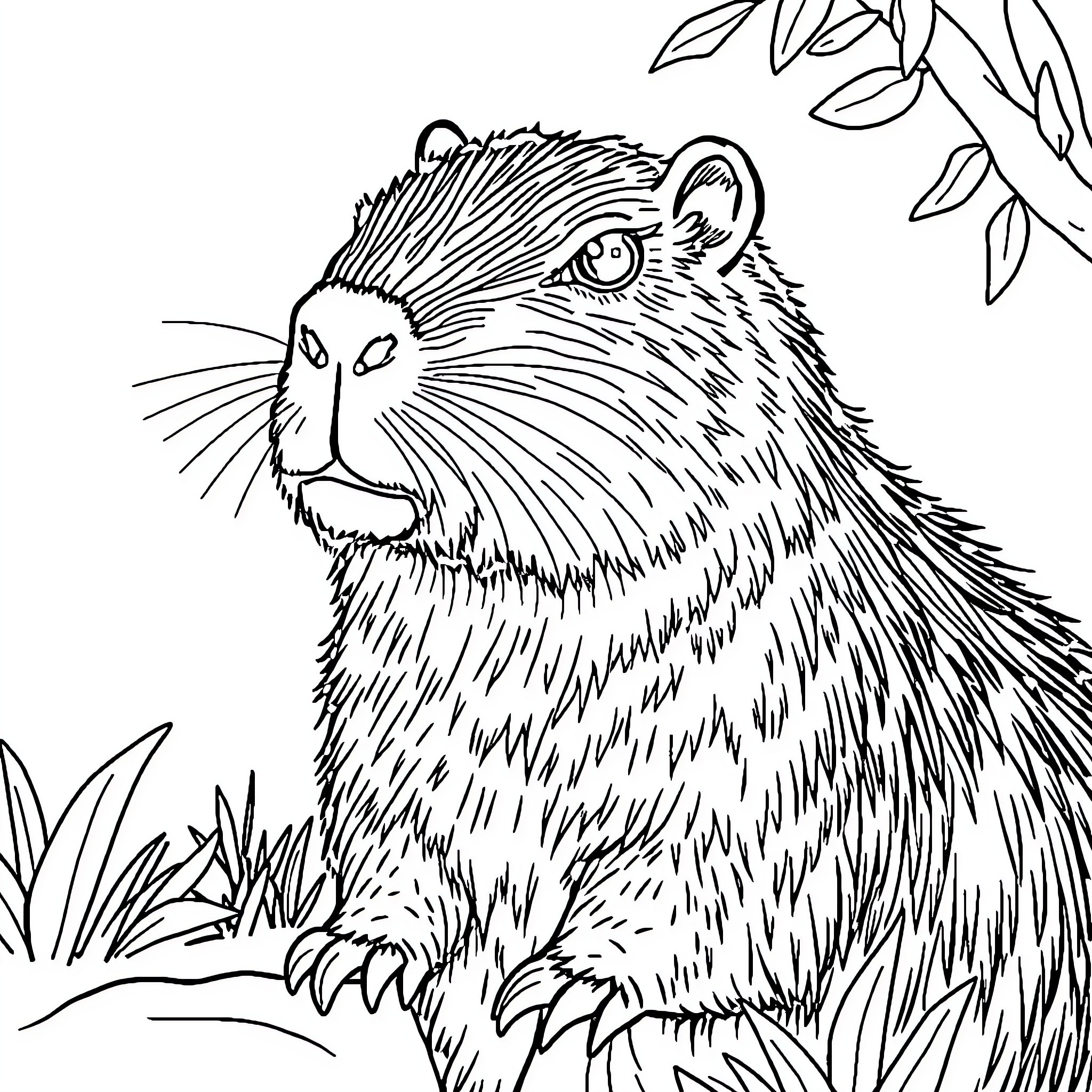 Capybara surrounded by foliage Coloring Page (free black-and-white line drawing printable PDF for all, from beginners to advanced learners, including children, teens, adults, and seniors)