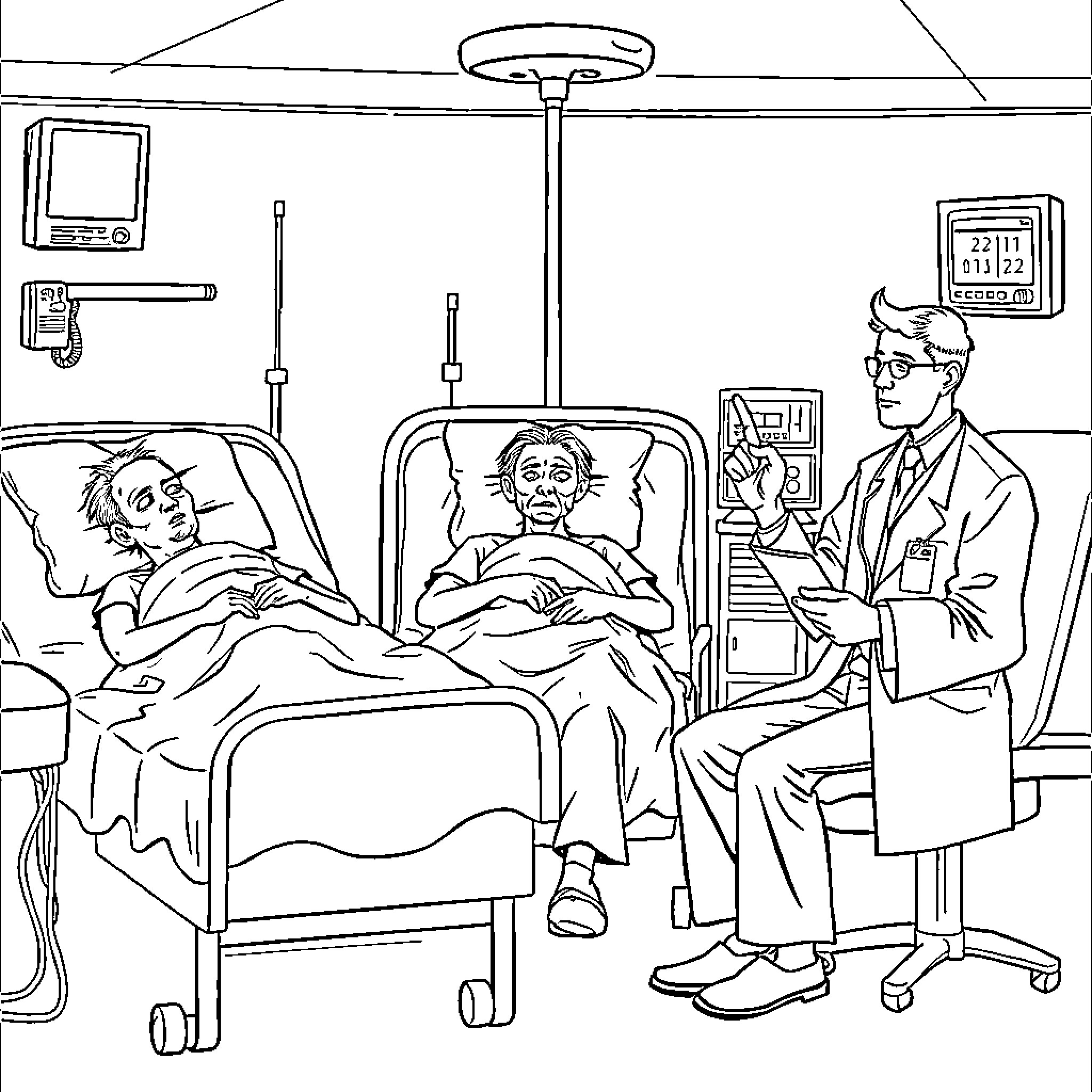 Patient receiving medical treatment in hospital room Coloring Page (free black-and-white line drawing printable PDF for all, from beginners to advanced learners, including children, teens, adults, and seniors)