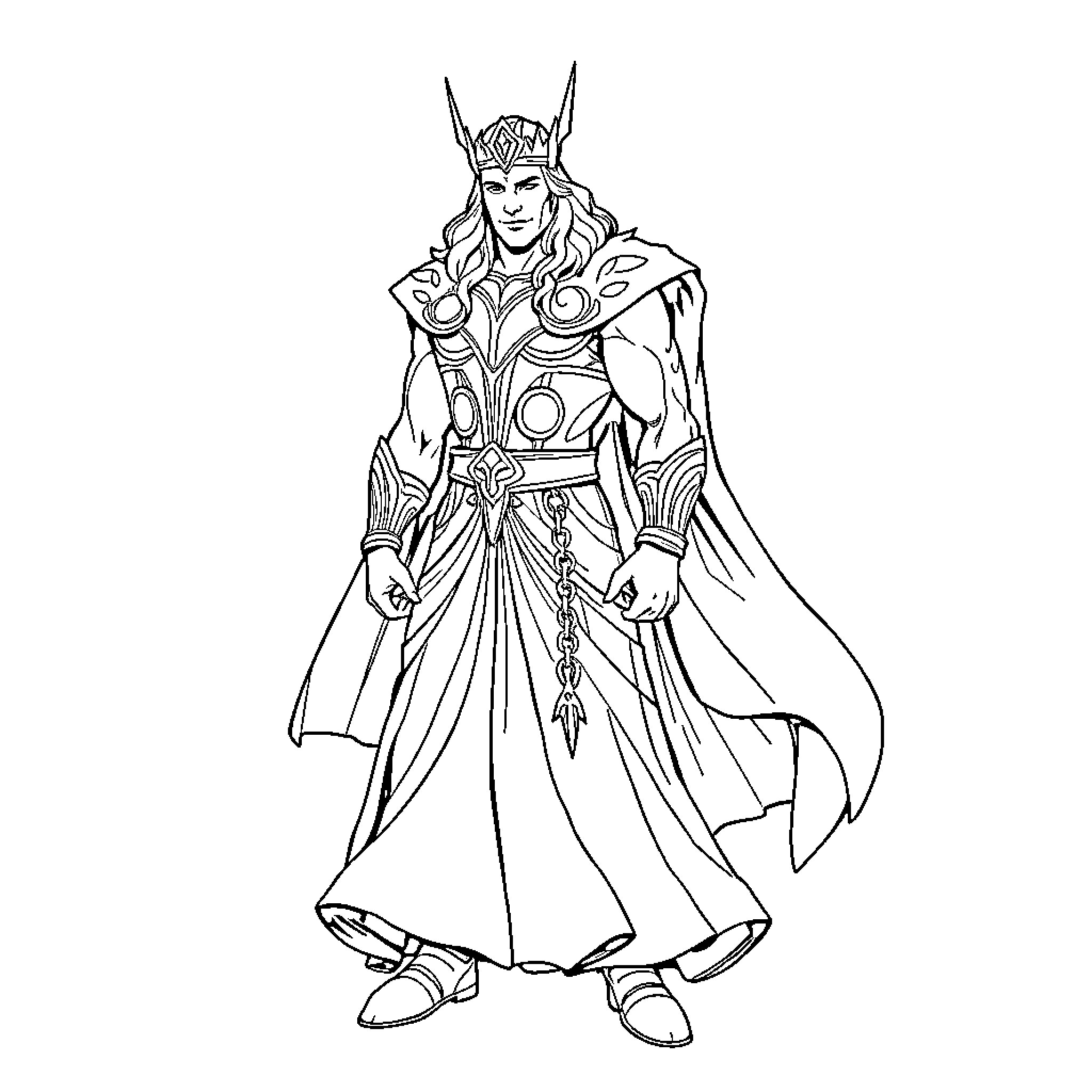 Thor in Majestic Attire and Pose Coloring Page (free black-and-white line drawing printable PDF for all, from beginners to advanced learners, including children, teens, adults, and seniors)