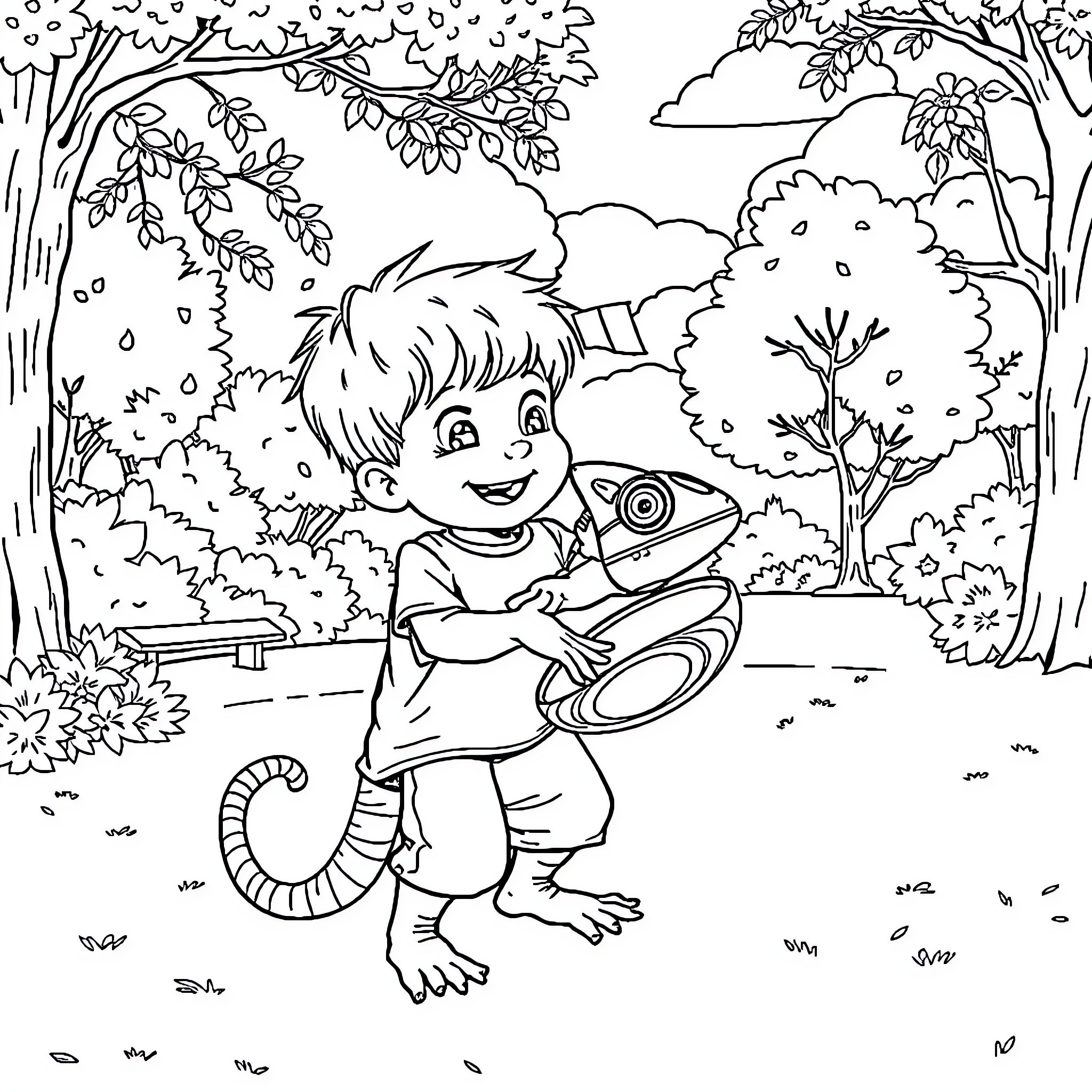 Kid enjoying nature with animal friend Coloring Page (free black-and-white line drawing printable PDF for all, from beginners to advanced learners, including children, teens, adults, and seniors)