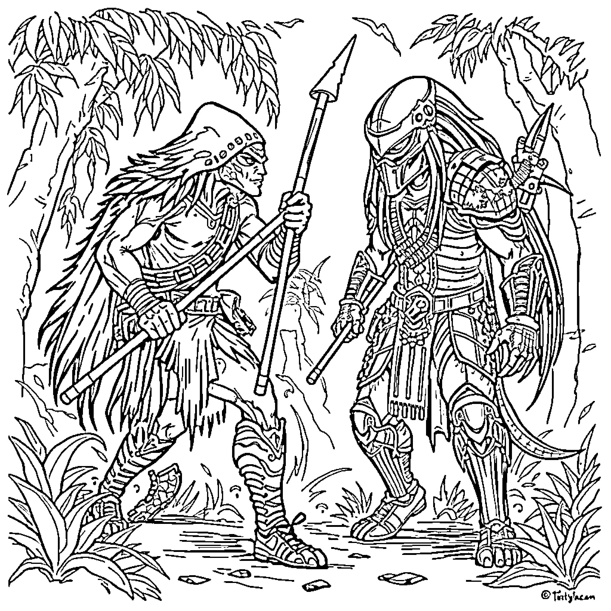 Yautja Alien Hunters in Tropical Jungle Setting Coloring Page (free black-and-white line drawing printable PDF for all, from beginners to advanced learners, including children, teens, adults, and seniors)
