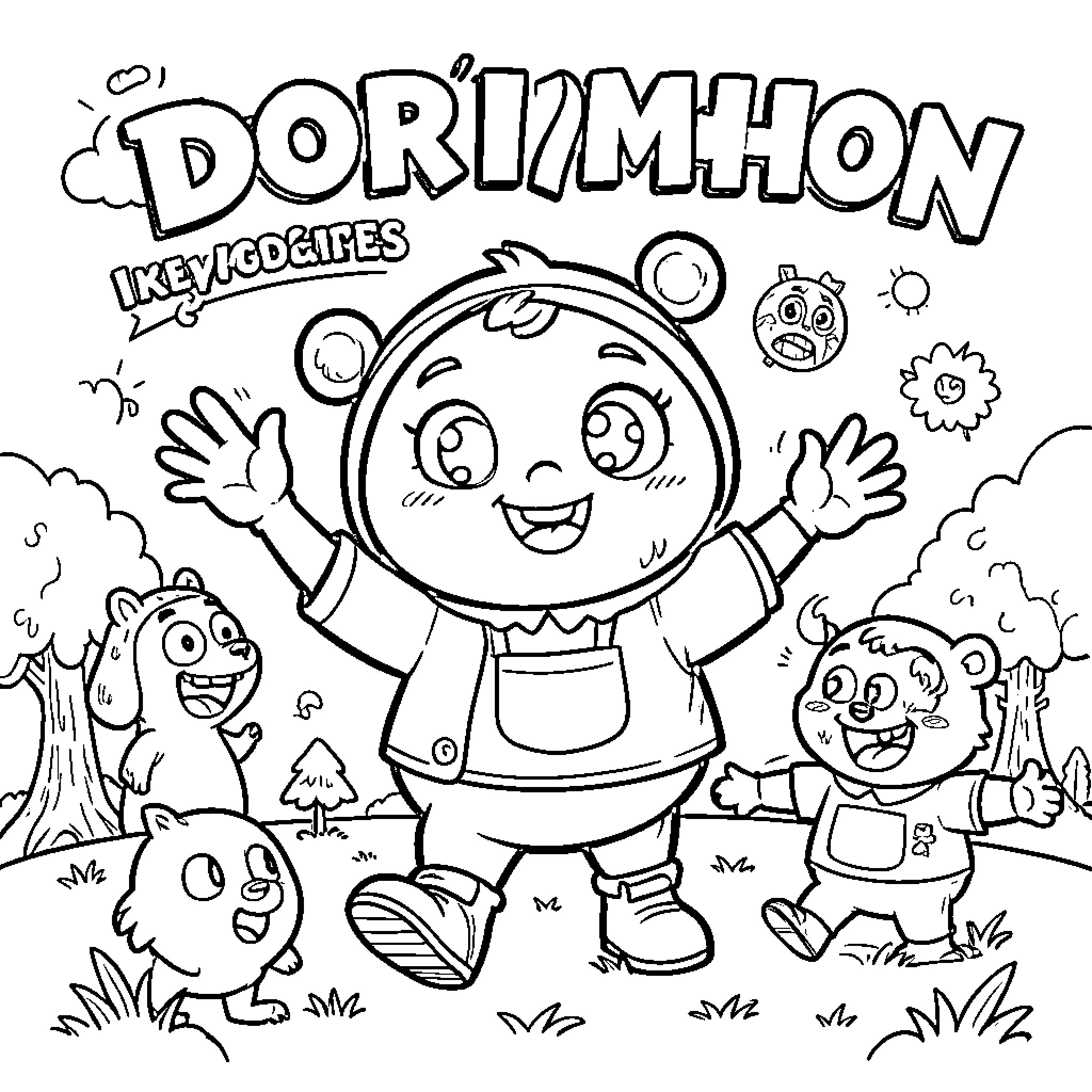 Dorimoon characters celebrating joyfully in a nature scene Coloring Page (free black-and-white line drawing printable PDF for all, from beginners to advanced learners, including children, teens, adults, and seniors)
