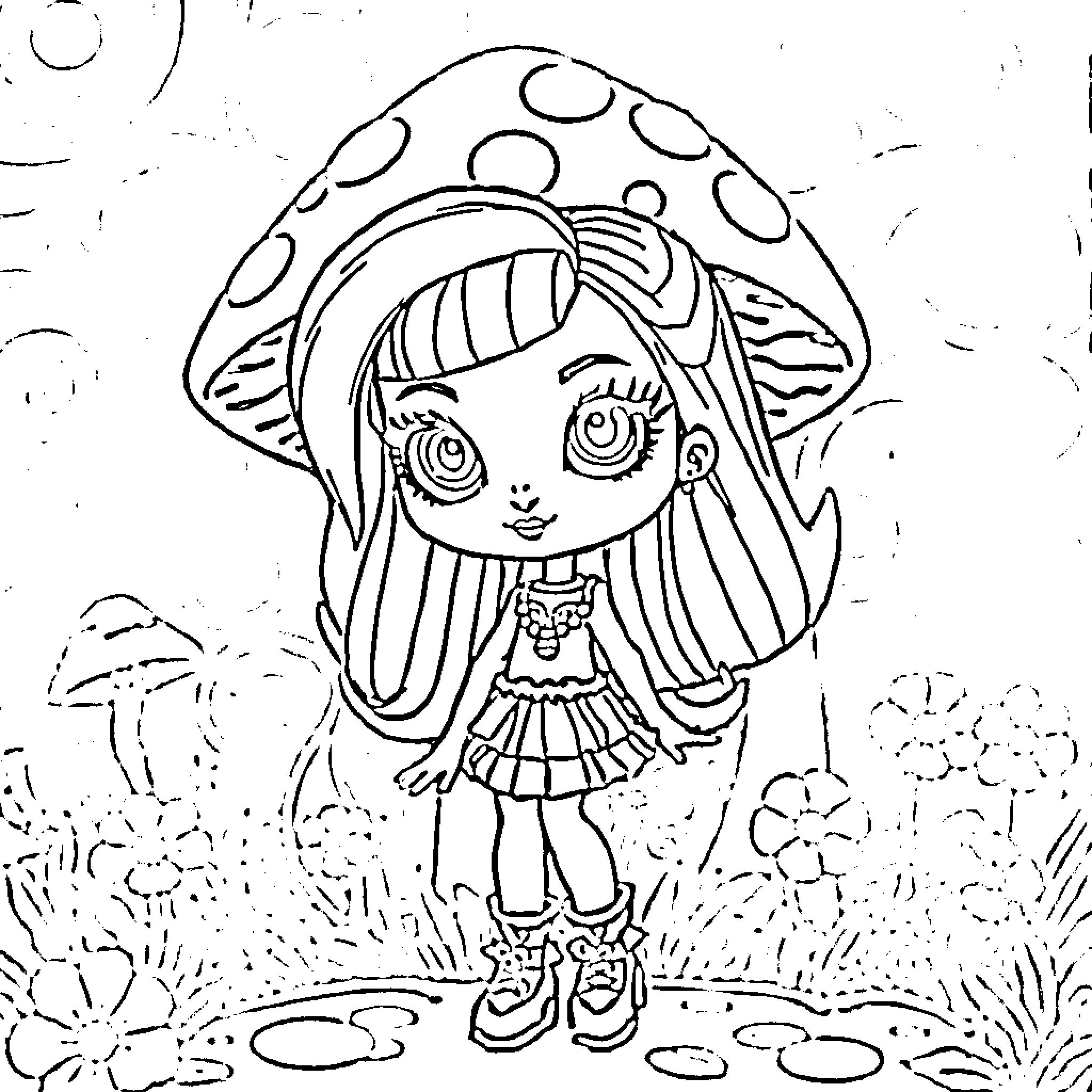 Bratz Doll exploring mushroom-filled forest Coloring Page (free black-and-white line drawing printable PDF for all, from beginners to advanced learners, including children, teens, adults, and seniors)