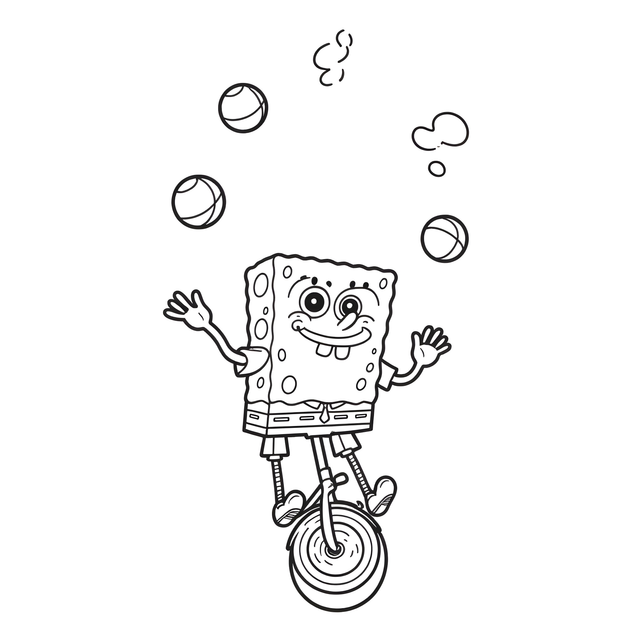 Spongebob juggling on a unicycle Coloring Page (free black-and-white line drawing printable PDF for all, from beginners to advanced learners, including children, teens, adults, and seniors)