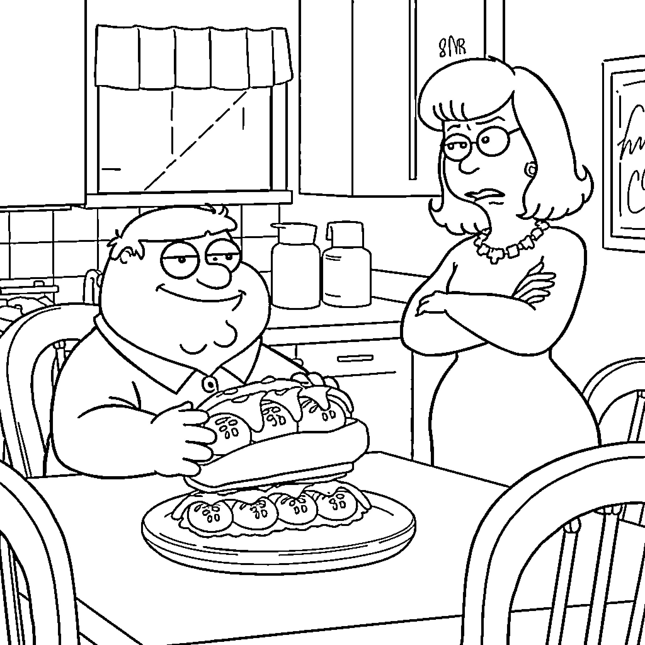 Peter Griffin's amusing dinner with his wife Coloring Page (free black-and-white line drawing printable PDF for all, from beginners to advanced learners, including children, teens, adults, and seniors)