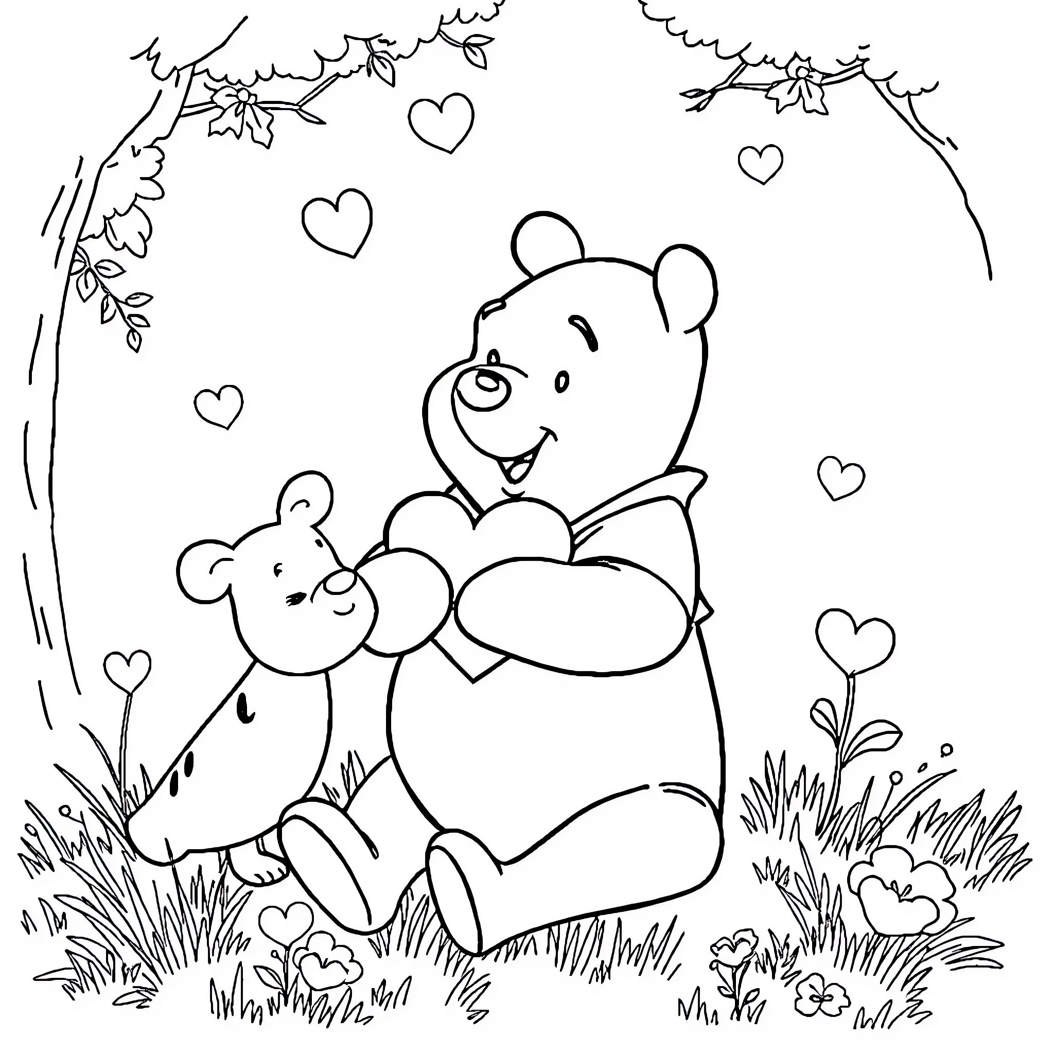 Pooh bears hugging adorably in nature Coloring Page (free black-and-white line drawing printable PDF for all, from beginners to advanced learners, including children, teens, adults, and seniors)