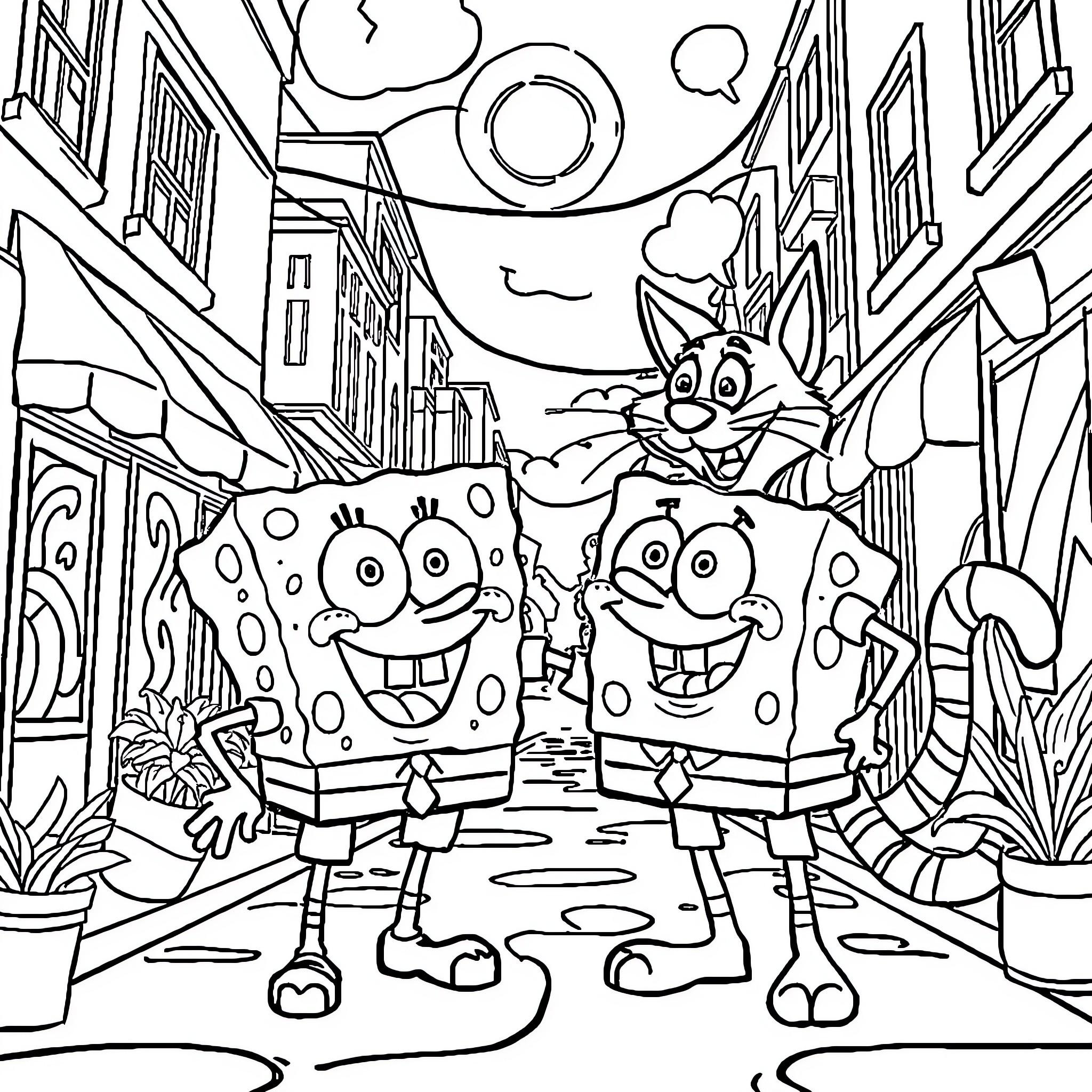 Spongebob and Patrick's Zany Adventure in Bikini Bottom Coloring Page (free black-and-white line drawing printable PDF for all, from beginners to advanced learners, including children, teens, adults, and seniors)