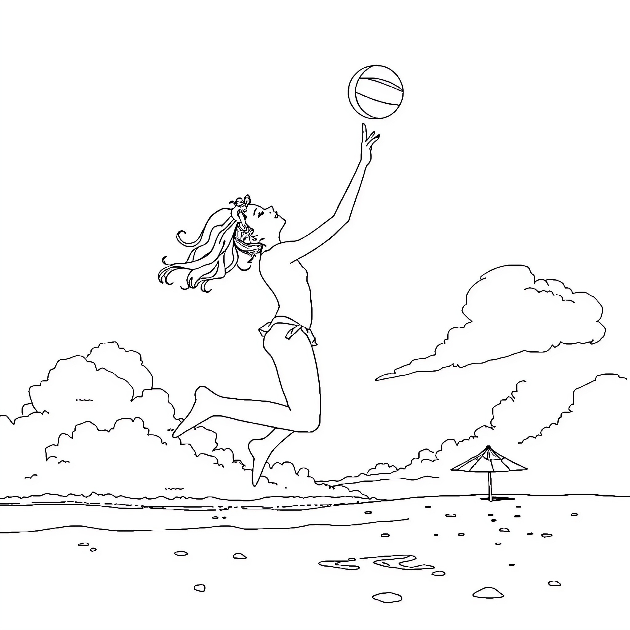 Sakura's Joyful Beach Volleyball Adventure Coloring Page (free black-and-white line drawing printable PDF for all, from beginners to advanced learners, including children, teens, adults, and seniors)