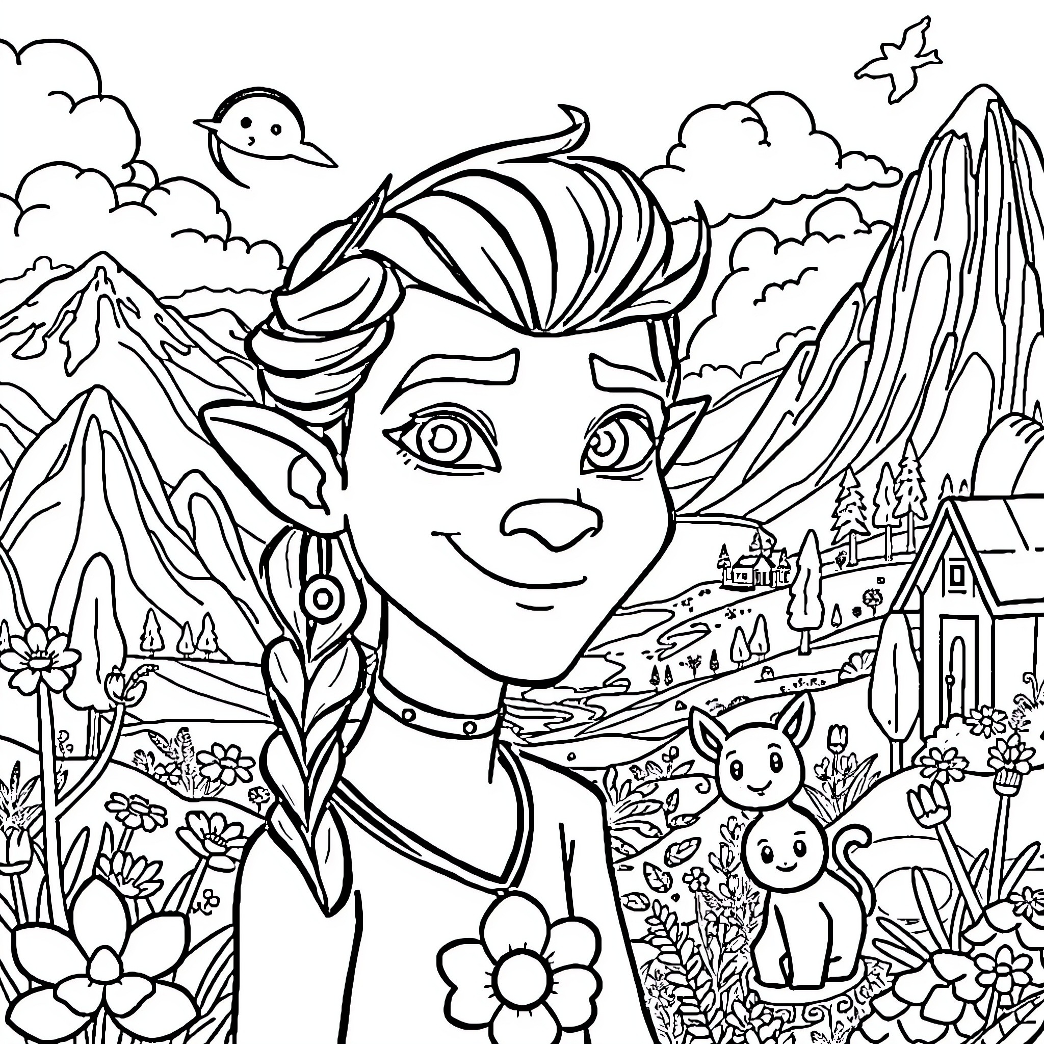 Avatar in a fantastical mountainous landscape Coloring Page (free black-and-white line drawing printable PDF for all, from beginners to advanced learners, including children, teens, adults, and seniors)