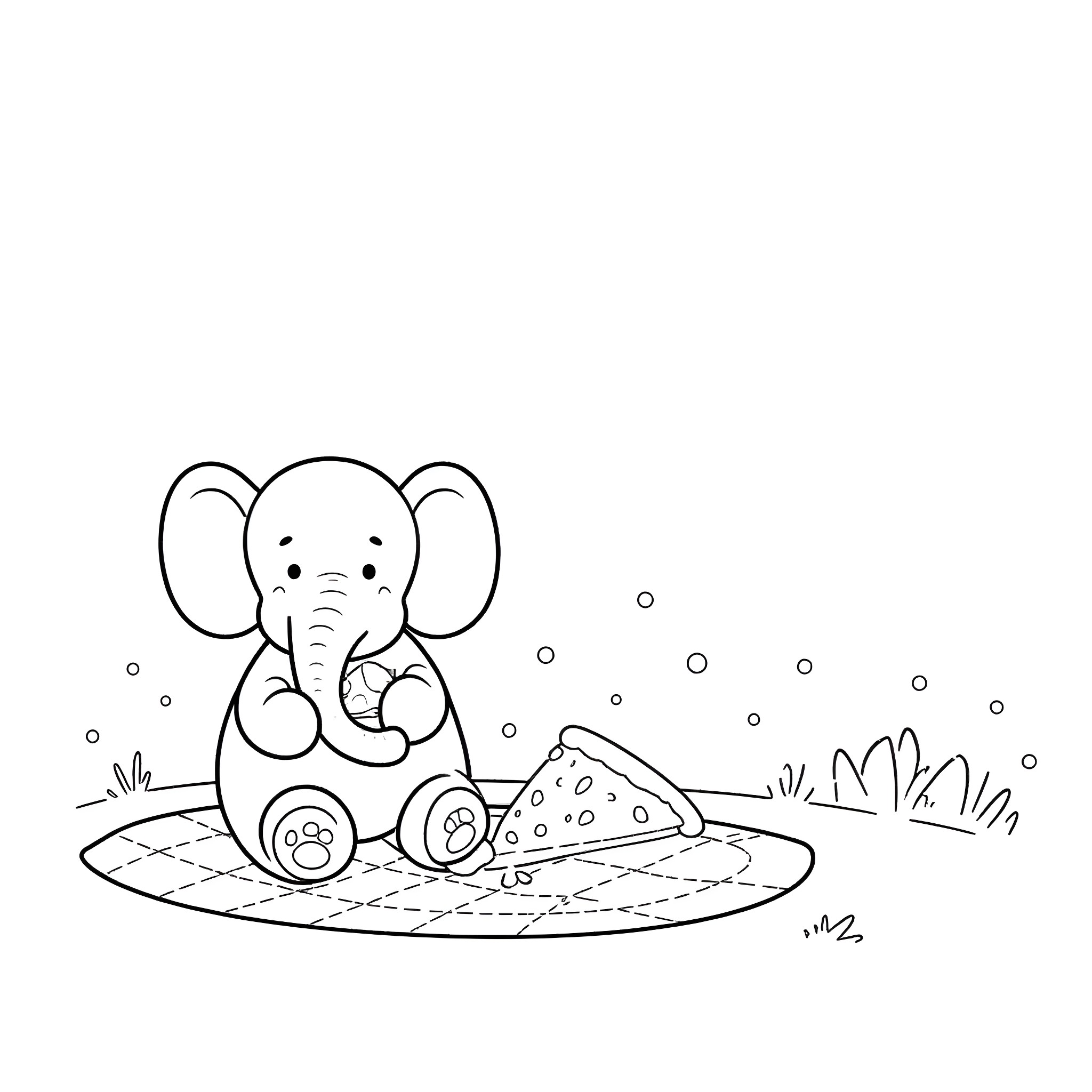 Elephant playing happily in the field Coloring Page (free black-and-white line drawing printable PDF for all, from beginners to advanced learners, including children, teens, adults, and seniors)