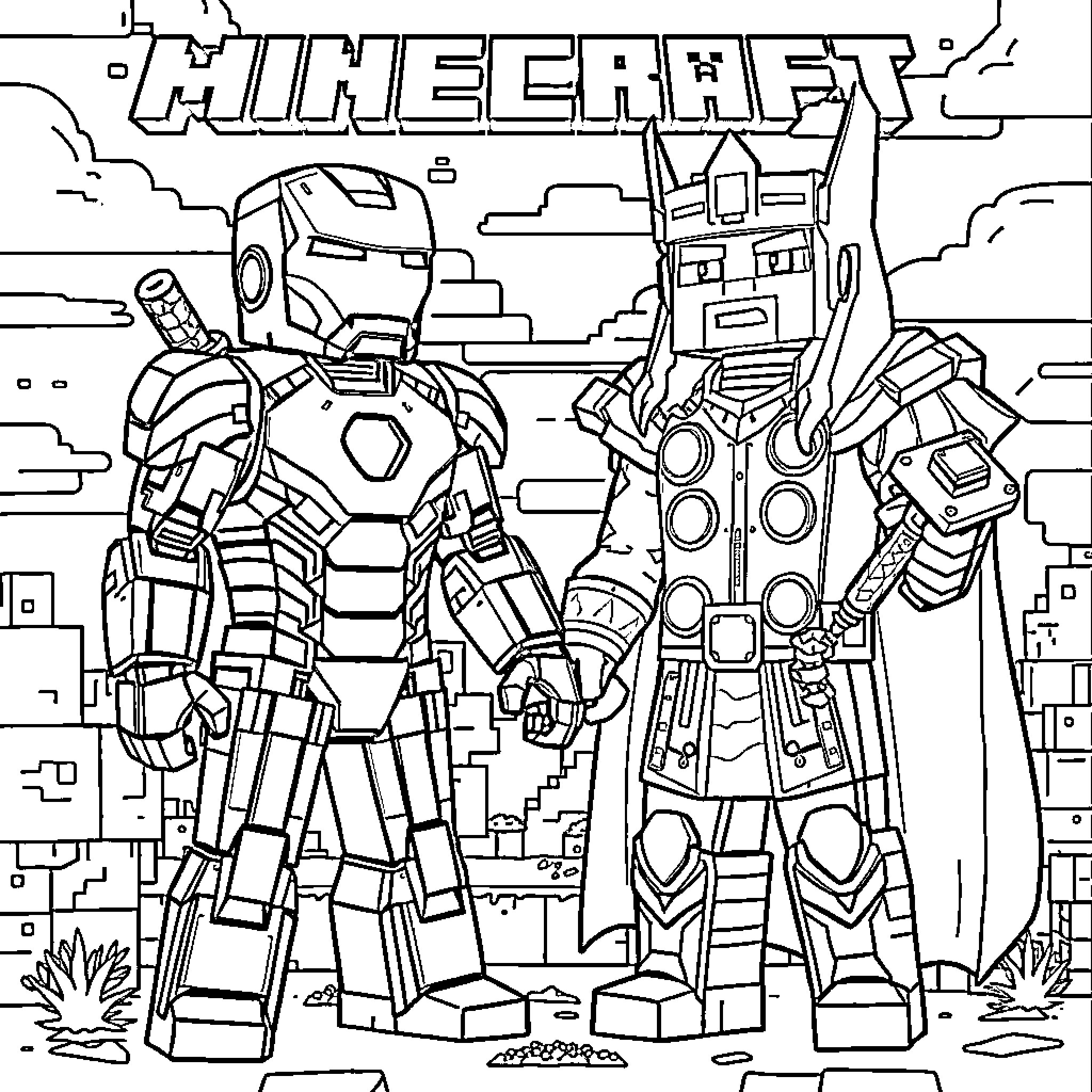 Ironman battle scene in Minecraft world Coloring Page (free black-and-white line drawing printable PDF for all, from beginners to advanced learners, including children, teens, adults, and seniors)