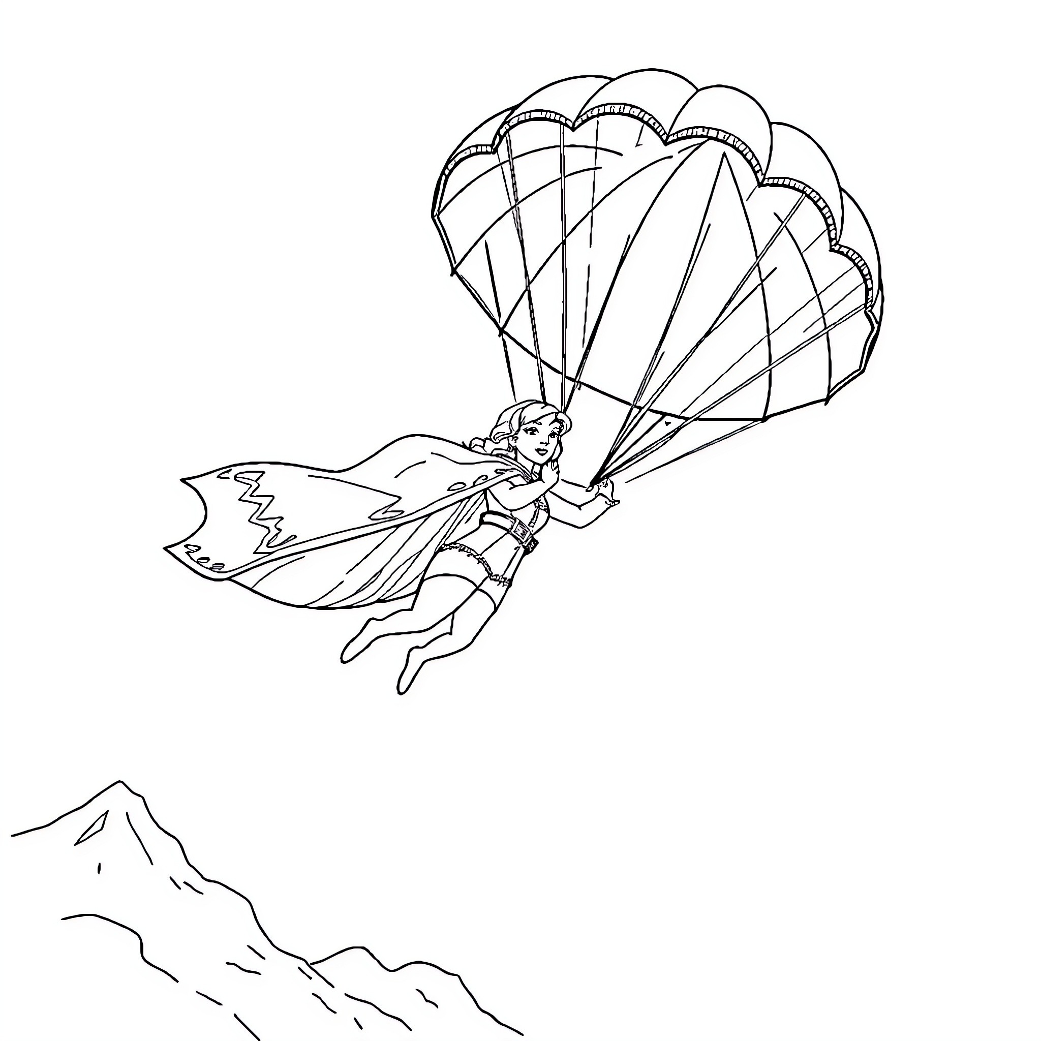 Queen soaring on a colorful parachute in the sky Coloring Page (free black-and-white line drawing printable PDF for all, from beginners to advanced learners, including children, teens, adults, and seniors)
