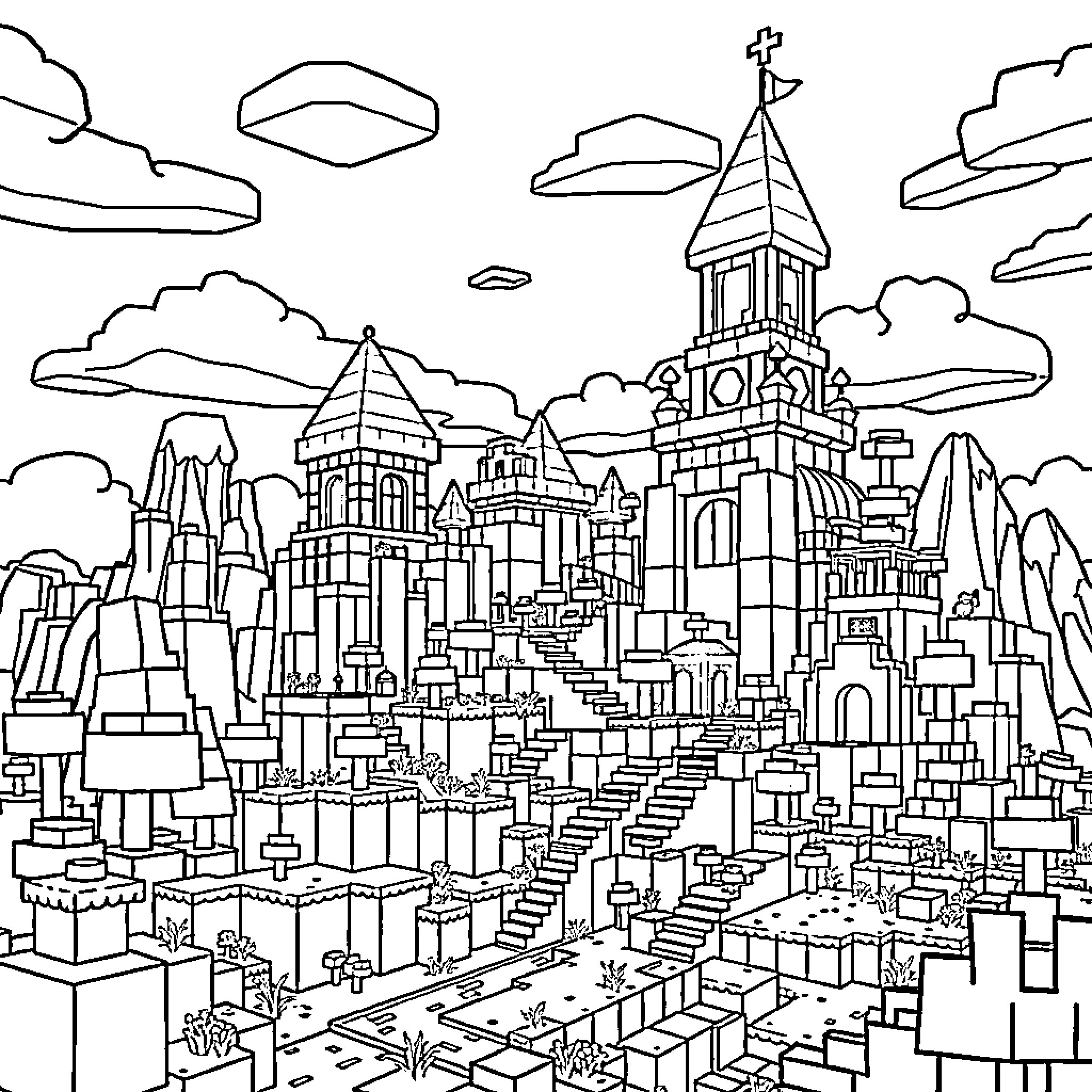 Minecraft cityscape with towering structures and floating landscapes Coloring Page (free black-and-white line drawing printable PDF for all, from beginners to advanced learners, including children, teens, adults, and seniors)