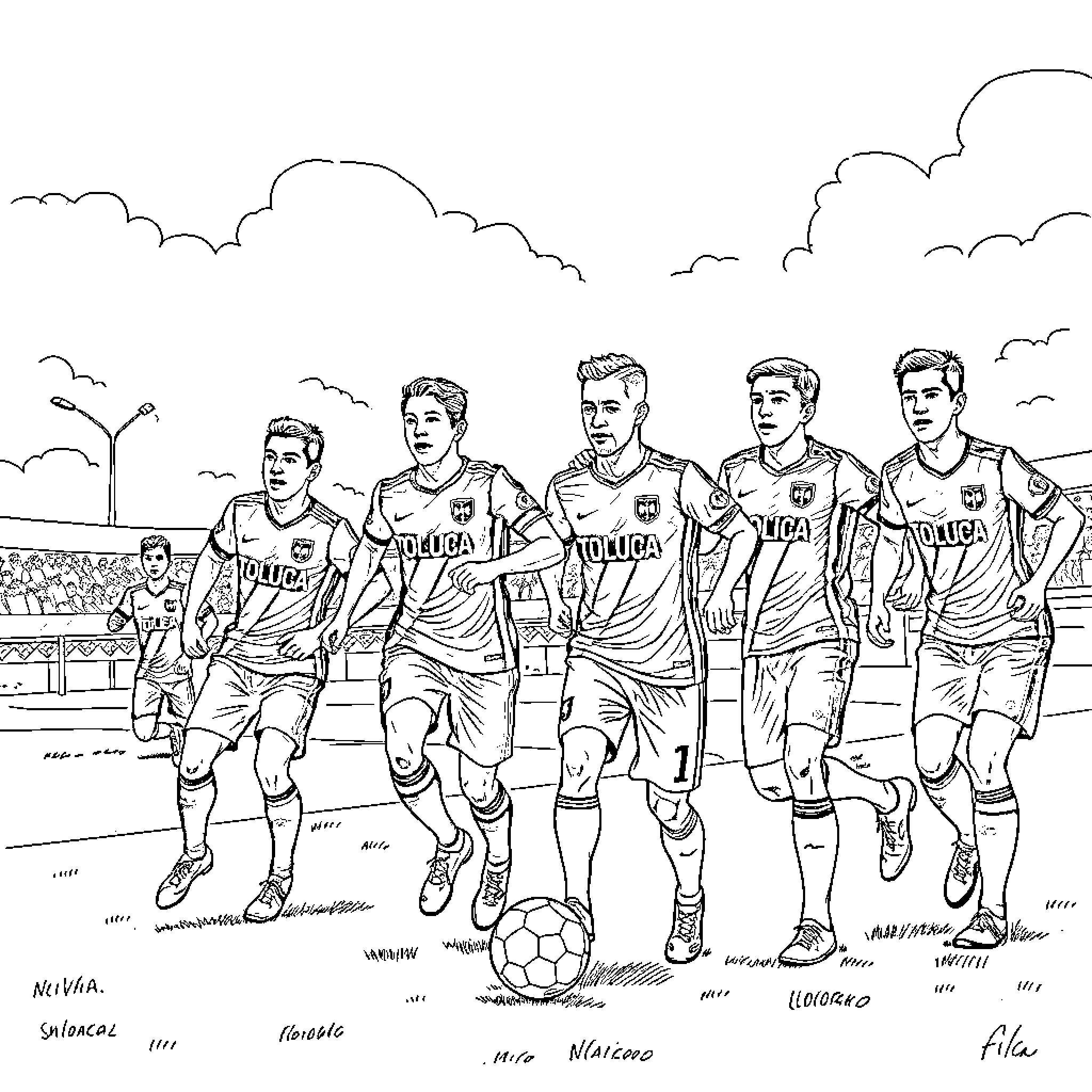 Toluca FC players in action on the field Coloring Page (free black-and-white line drawing printable PDF for all, from beginners to advanced learners, including children, teens, adults, and seniors)
