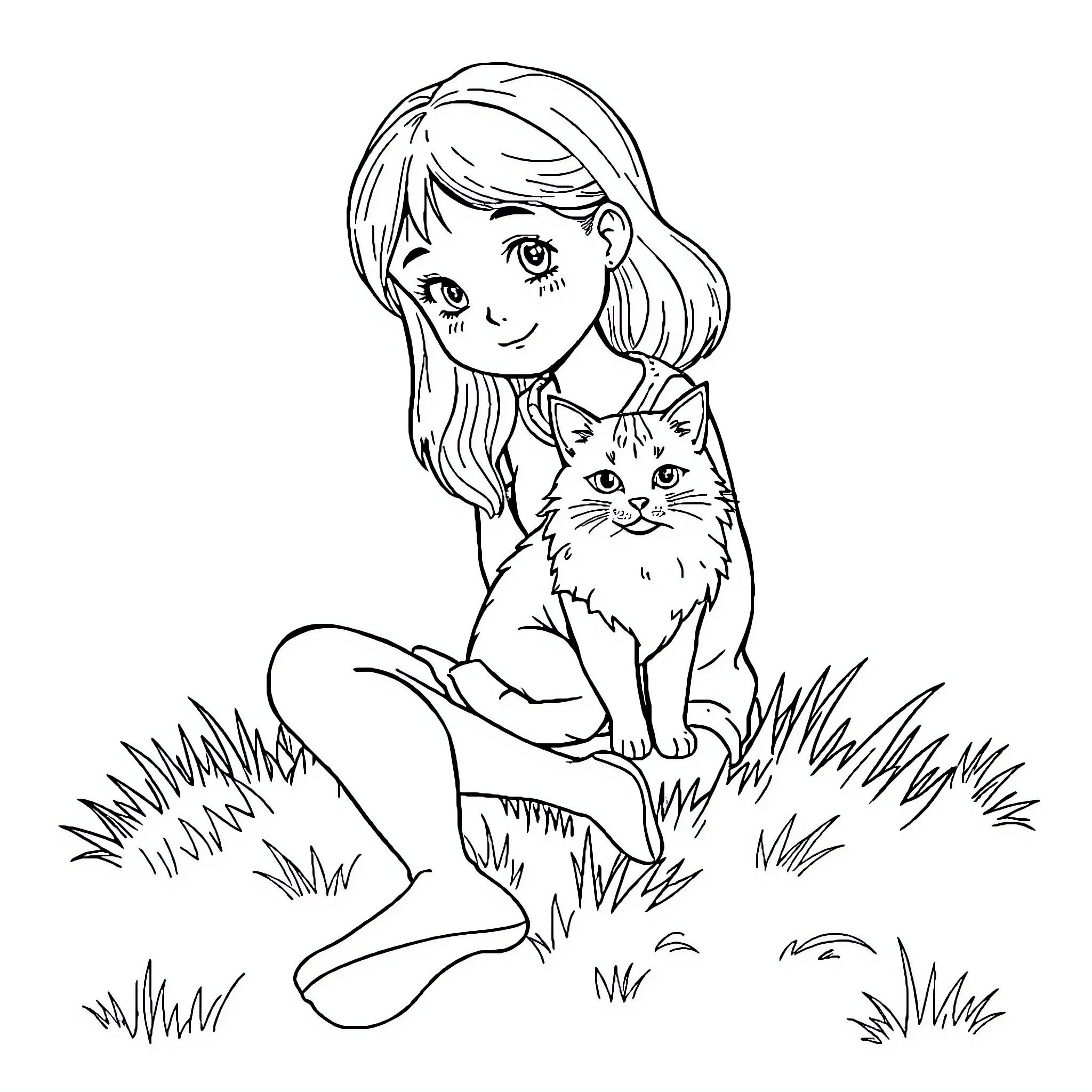 Girl petting a cute cat in the grass Coloring Page (free black-and-white line drawing printable PDF for all, from beginners to advanced learners, including children, teens, adults, and seniors)