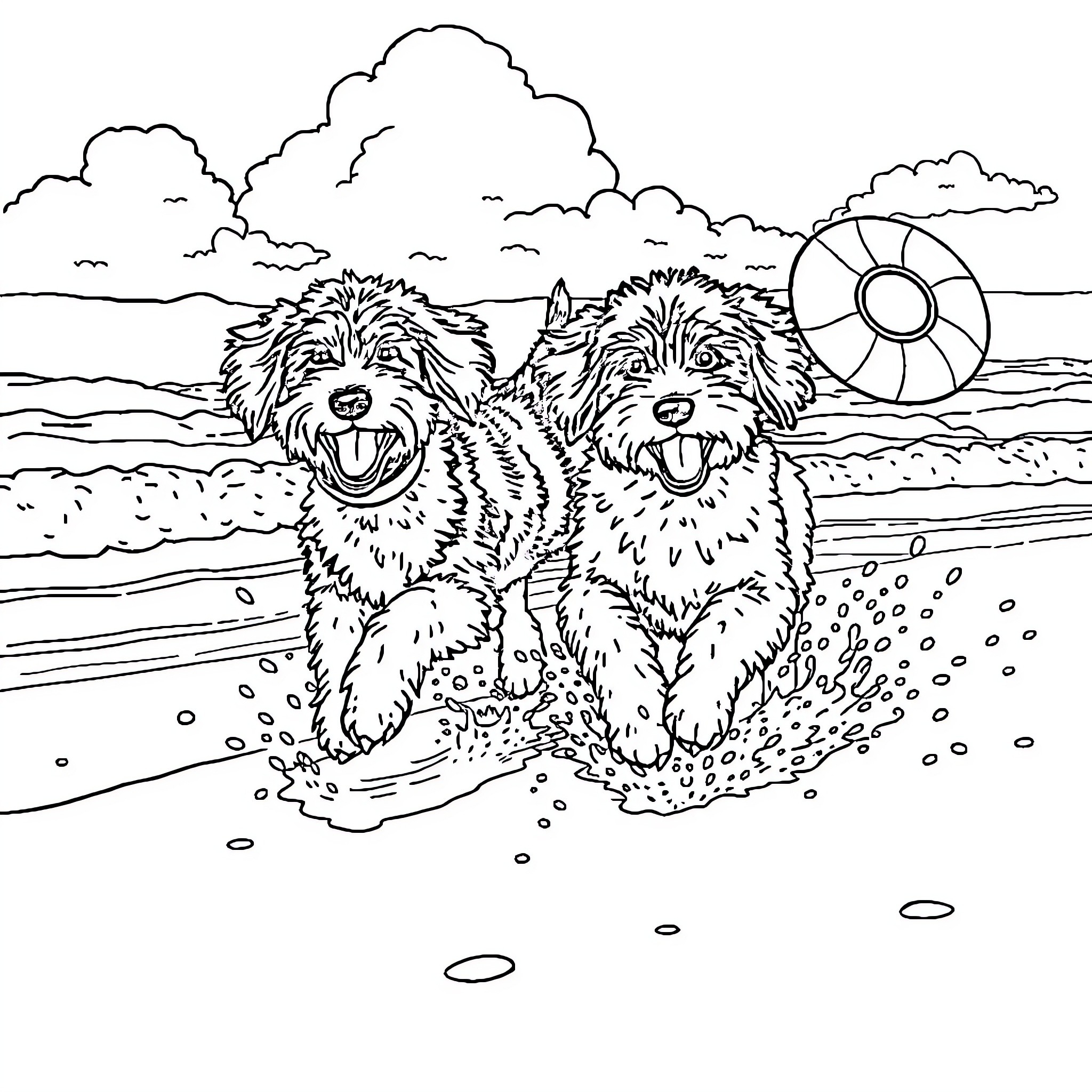 Bernedoodle puppies frolicking at the beach Coloring Page (free black-and-white line drawing printable PDF for all, from beginners to advanced learners, including children, teens, adults, and seniors)