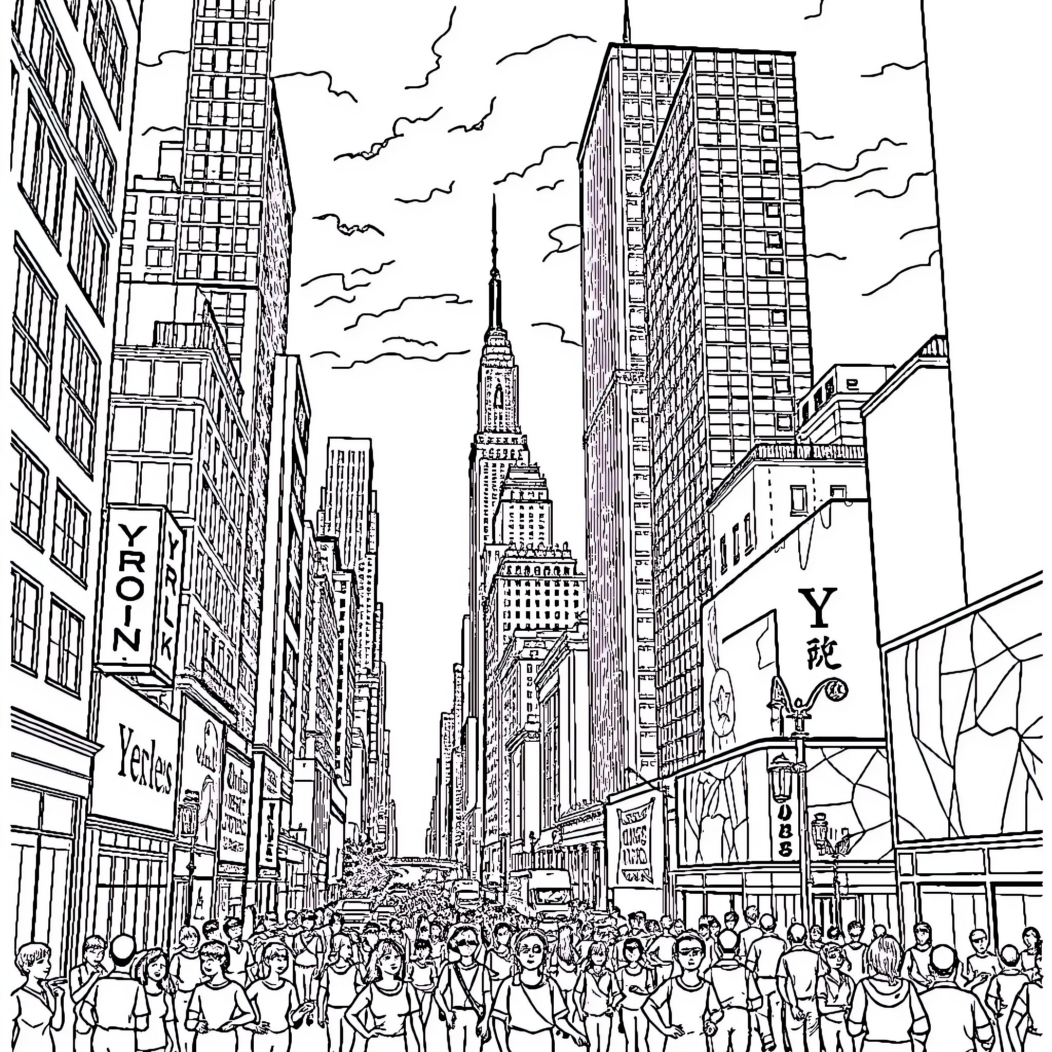 NYC Crowded Streets with Towering Skyscrapers Coloring Page (free black-and-white line drawing printable PDF for all, from beginners to advanced learners, including children, teens, adults, and seniors)