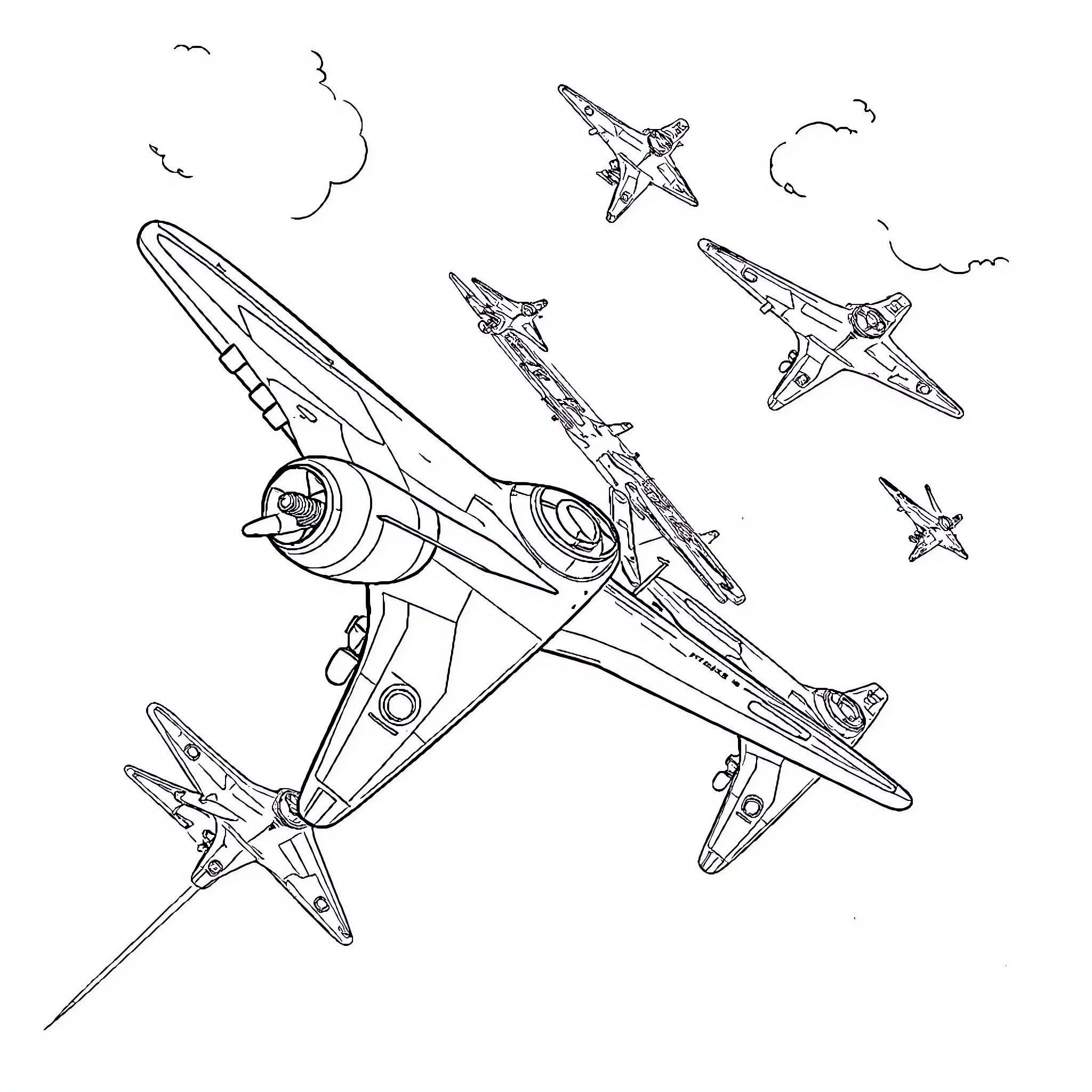 Air Force fighter jets performing aerial maneuvers Coloring Page (free black-and-white line drawing printable PDF for all, from beginners to advanced learners, including children, teens, adults, and seniors)