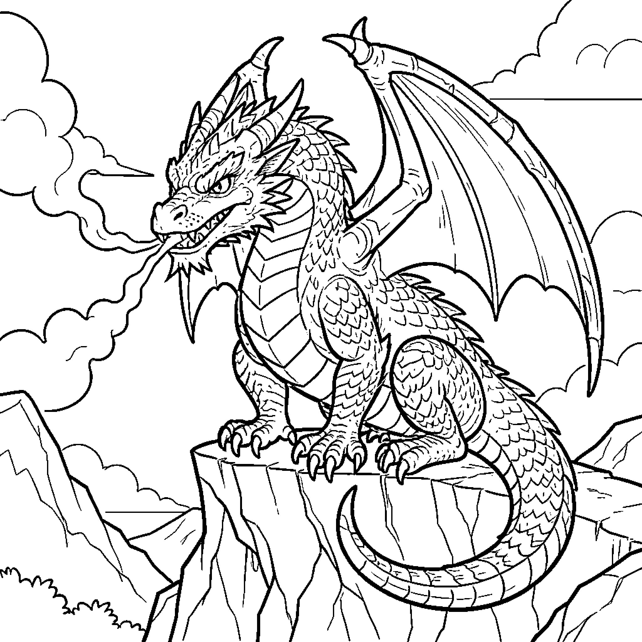 Dragon breathing smoke while sitting on a mountain cliff Coloring Page (free black-and-white line drawing printable PDF for all, from beginners to advanced learners, including children, teens, adults, and seniors)