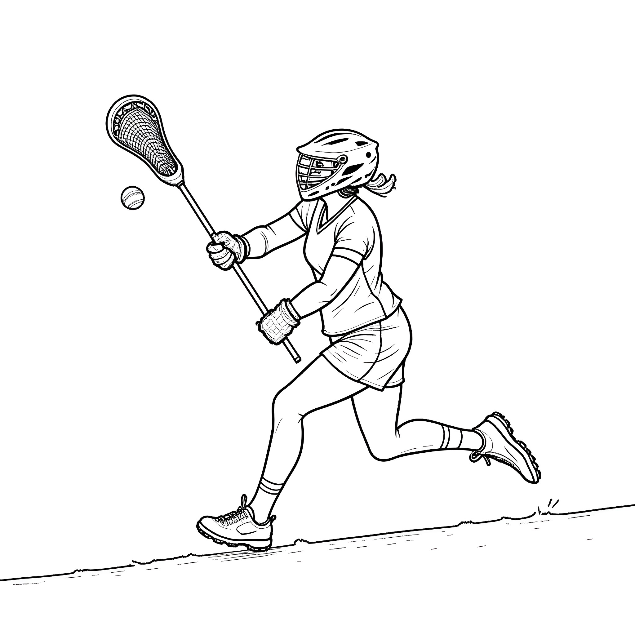 Lacrosse Player Running with Stick Coloring Page (free black-and-white line drawing printable PDF for all, from beginners to advanced learners, including children, teens, adults, and seniors)